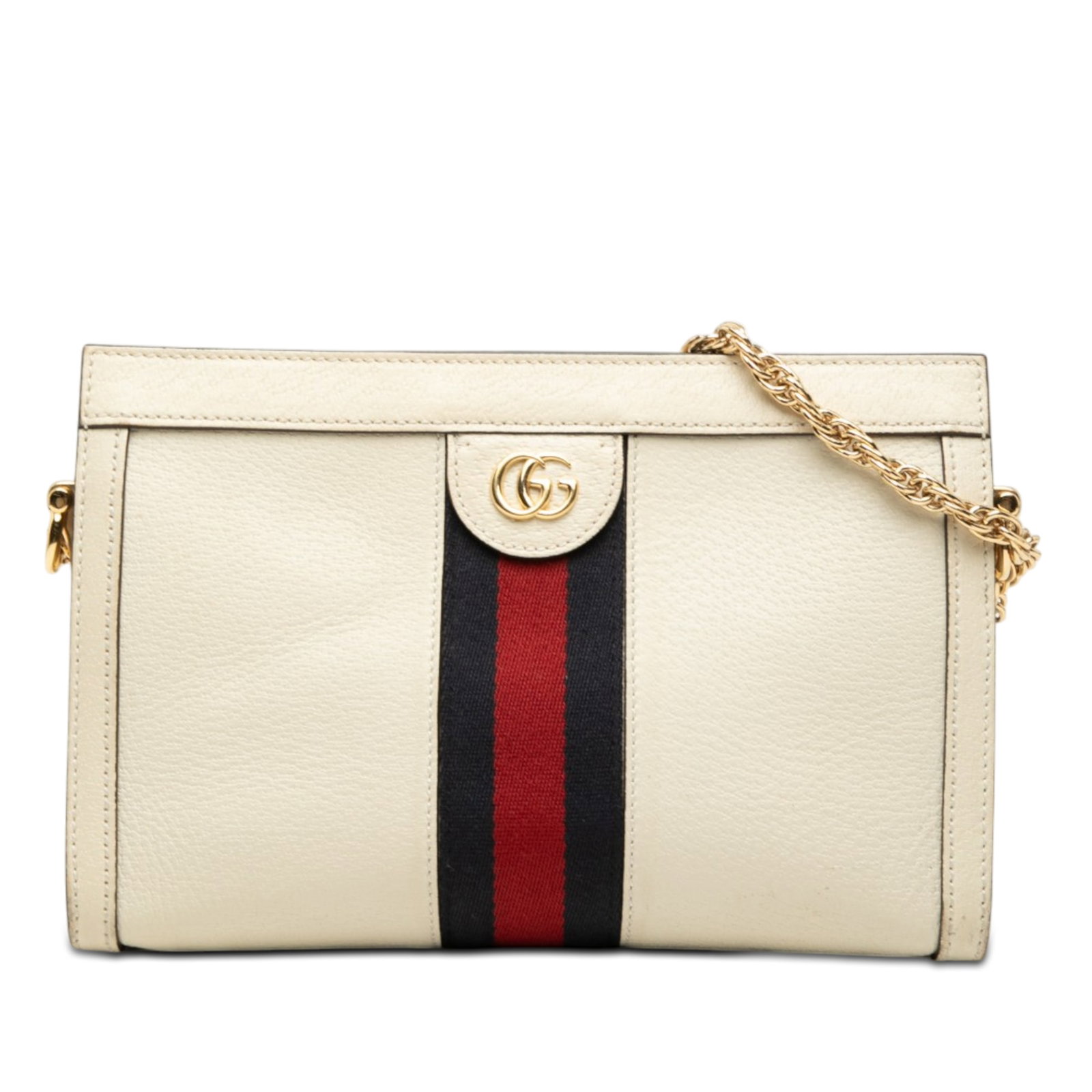 Gucci Ophidia Small Leather Chain Crossbody Bag White: Gucci Ophidia Small Leather Chain Crossbody Bag White Gucci Ophidia small crossbody bag in white calf leather with the signature web detail and chain link shoulder strap. The design features a top mag