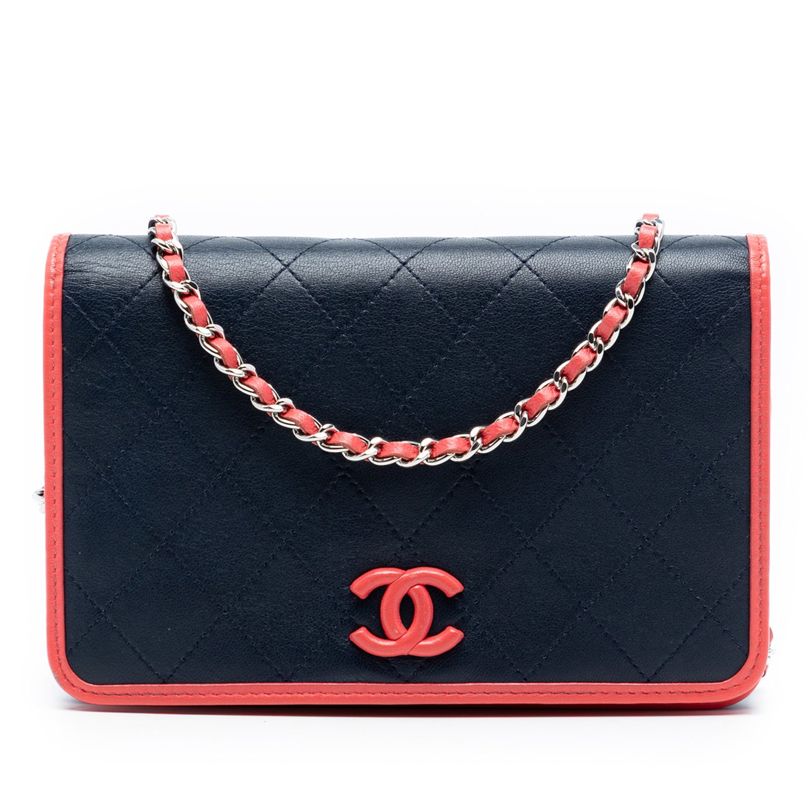 Blue Chanel Wallet on Chain Quilted Lambskin Leather with CC Logo: Blue Chanel Wallet on Chain Quilted Lambskin Leather with CC Logo This Chanel Quilted Lambskin Color Pop CC Wallet on Chain features a quilted leather body in blue, a flap with snap closure, a leather