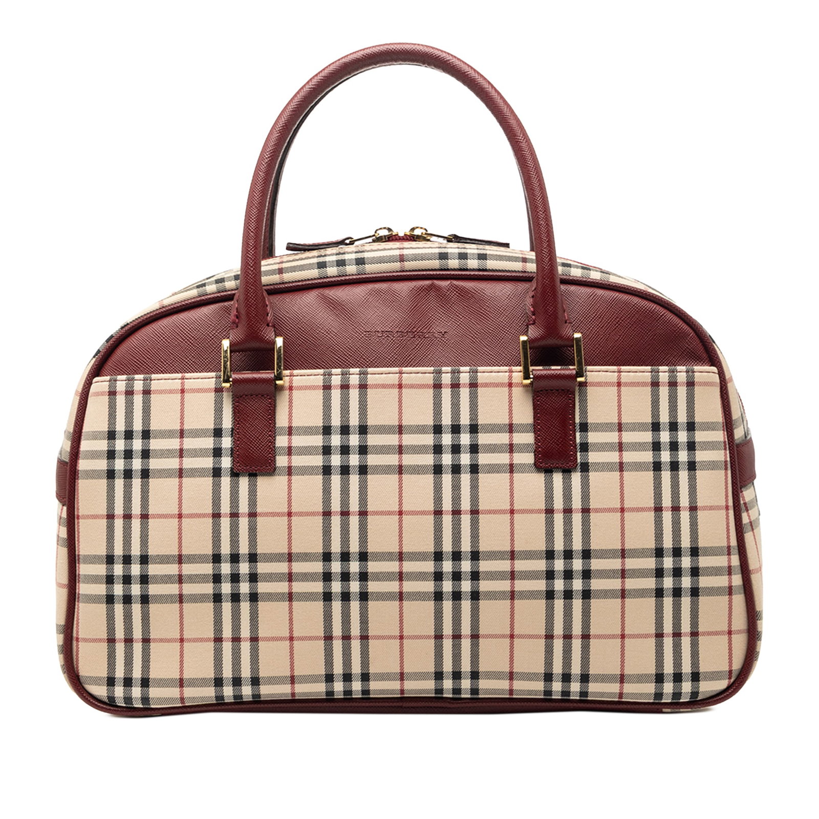 Burberry Beige Canvas Tote with Leather Trim and House Check Pattern: Burberry Beige Canvas Tote with Leather Trim and House Check Pattern This Burberry House Check Canvas Handbag features a canvas body with leather trim, rolled leather handles, a top zip closure, an ex