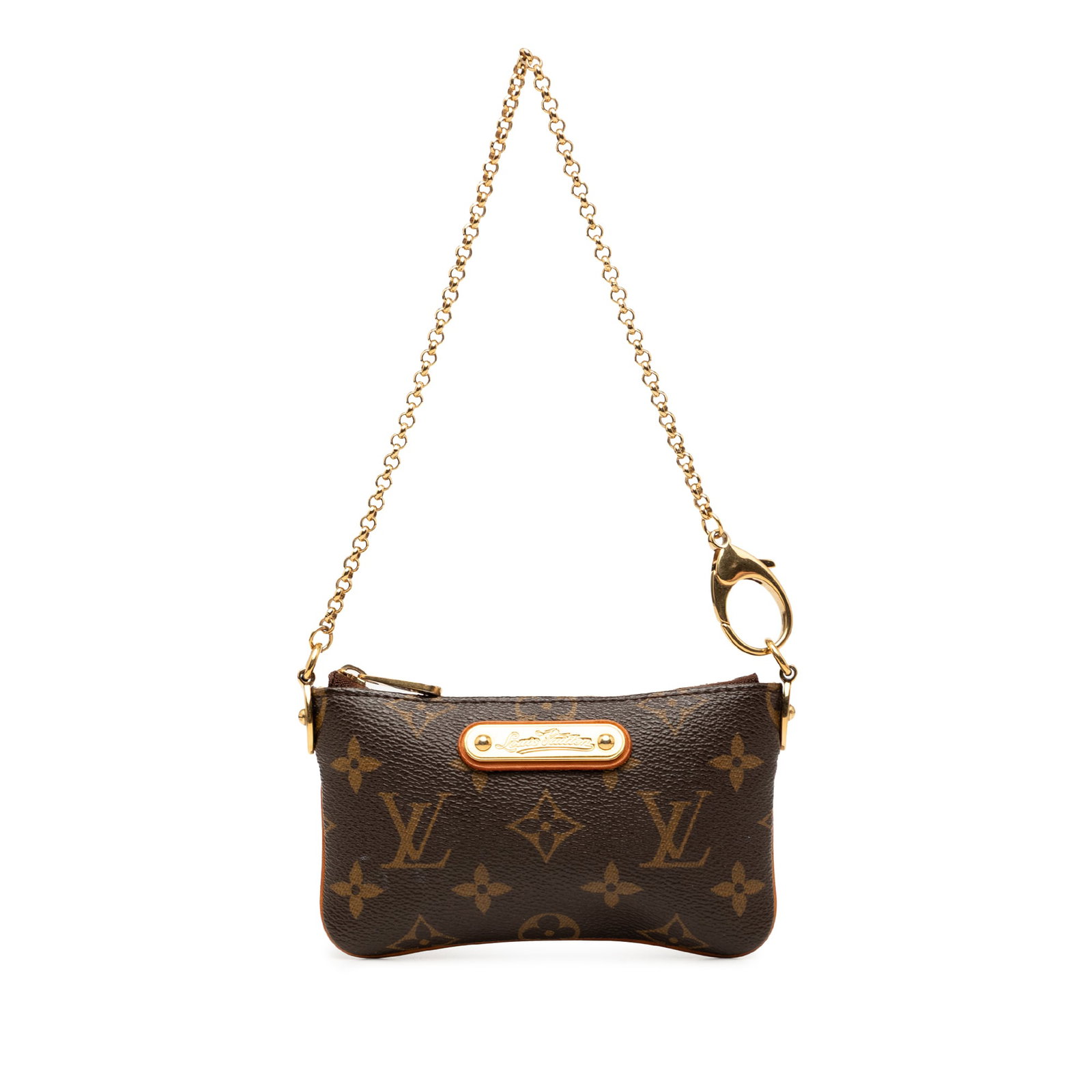 Louis Vuitton Milla PM Monogram Pochette Chain Strap Bag: Louis Vuitton Milla PM Monogram Pochette Chain Strap Bag Louis Vuitton Monogram Pochette Milla PM crafted with a monogram canvas body, chain-link strap, and top zip closure. Made in France. Condition 
