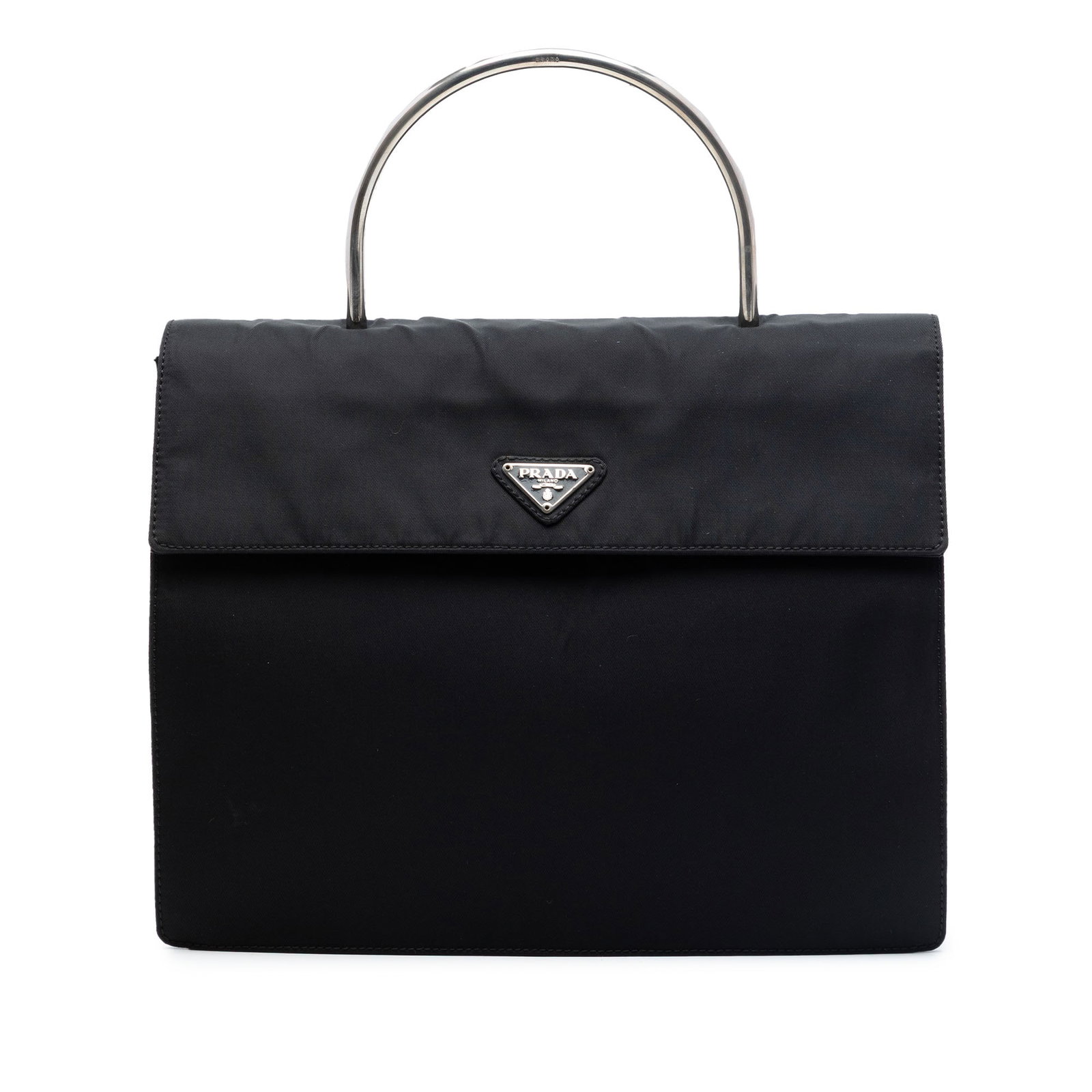 Prada Tessuto black nylon handbag with metal top handle: Prada Tessuto black nylon handbag with metal top handle Prada Tessuto Metal Handle Bag in black fabric with a nylon body, rolled metal handle, front flap with magnetic snap closure, and an interior zi