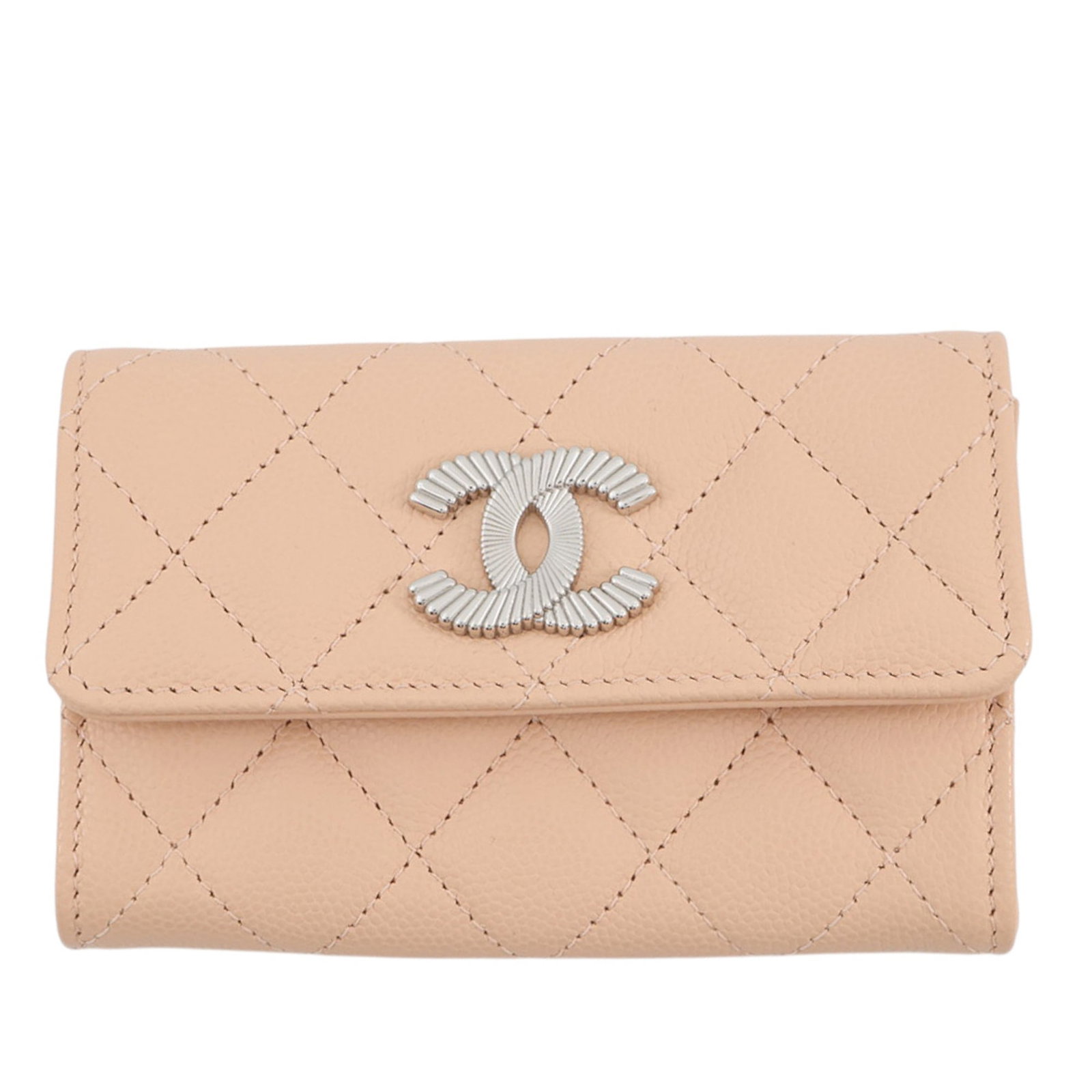 Chanel CC Caviar Leather Quilted Card Holder Beige: Chanel CC Caviar Leather Quilted Card Holder Beige Chanel CC Quilted Caviar Card Holder in beige leather with a quilted finish. This compact design features a front flap with button closure and interi