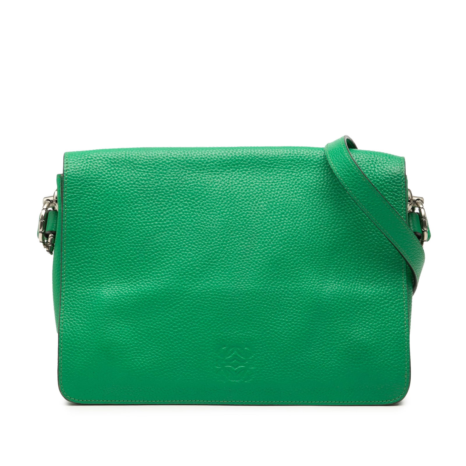 Loewe Anagram Green Leather Crossbody with Flap and Detachable Strap: Loewe Anagram Green Leather Crossbody with Flap and Detachable Strap This LOEWE crossbody bag is crafted from pebbled calfskin leather in green and features a detachable flat leather strap, a front fl