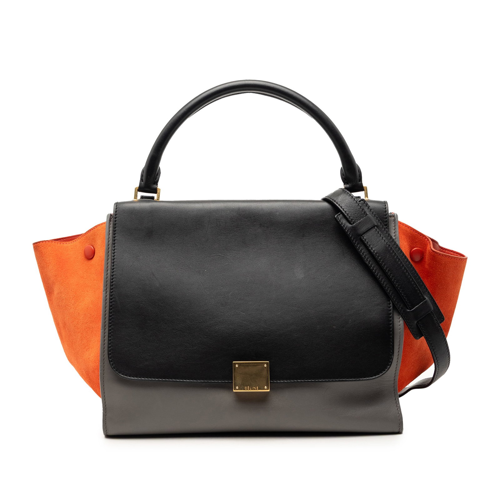 Celine Tricolor Trapeze Satchel Medium Calfskin Suede Gray: Celine Tricolor Trapeze Satchel Medium Calfskin Suede Gray This Celine Medium Tricolor Calfskin and Suede Trapeze Satchel features a leather body with suede leather side panels, a rolled top handle, a