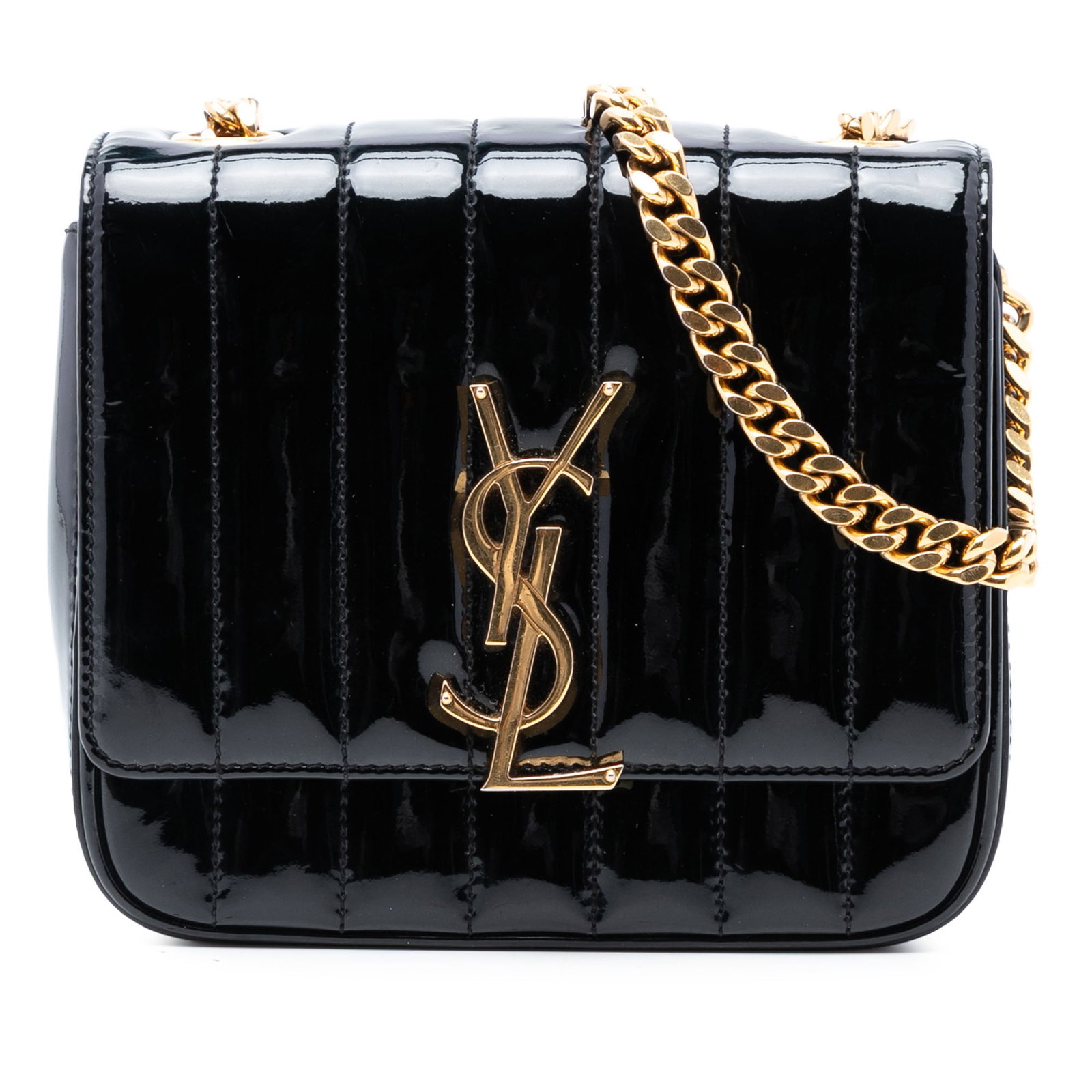 Black Quilted Patent Leather Vicky Crossbody by Saint Laurent: Black Quilted Patent Leather Vicky Crossbody by Saint Laurent This Saint Laurent Small Patent Monogram Vicky Chain Bag is crafted from quilted black patent leather and features a chain link strap with