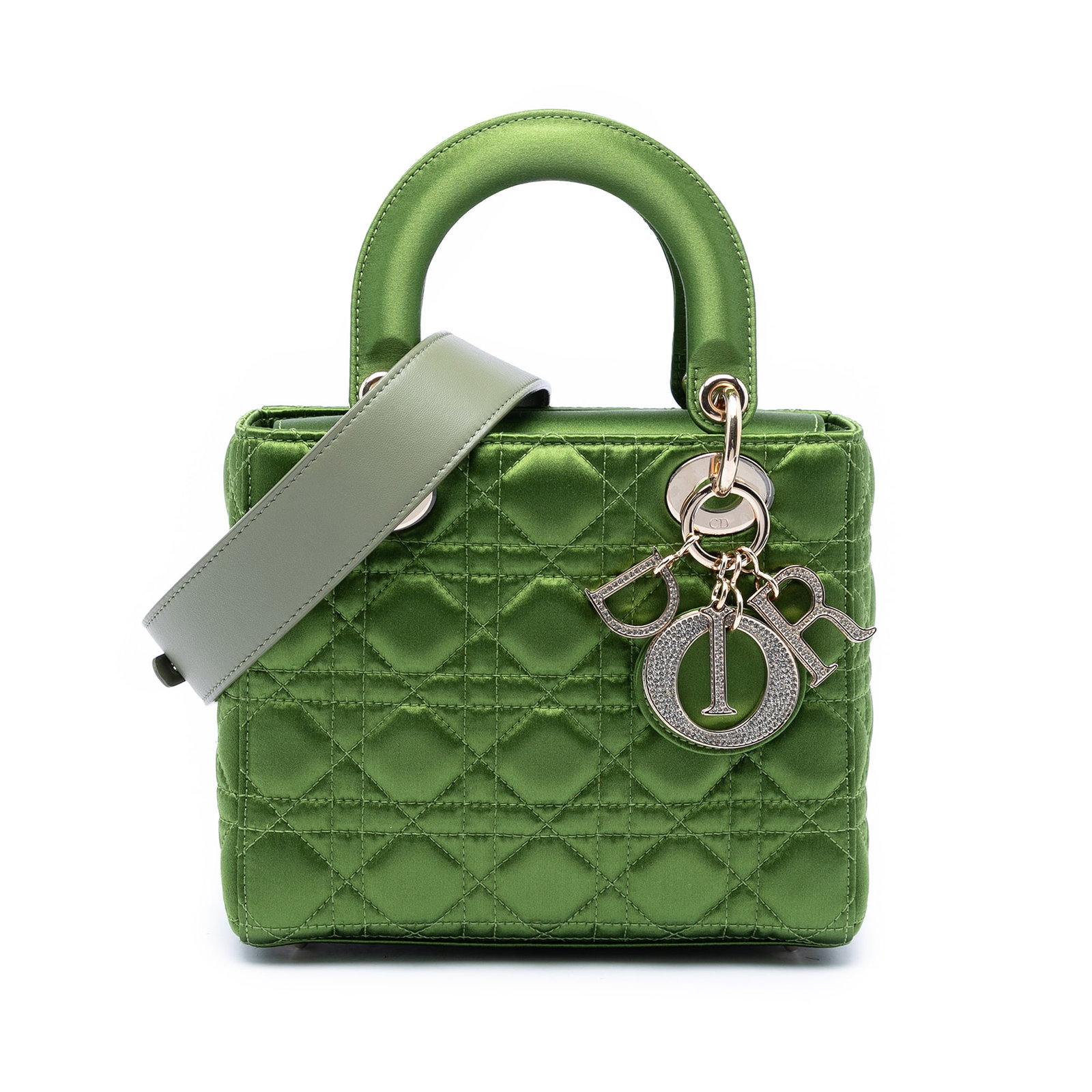 Dior My ABCDior Lady Dior Small Green Satin Handbag: Dior My ABCDior Lady Dior Small Green Satin Handbag Small Lady Dior handbag in green satin with Cannage quilting. This My ABCDior style features flat leather top handles, a detachable flat leather str