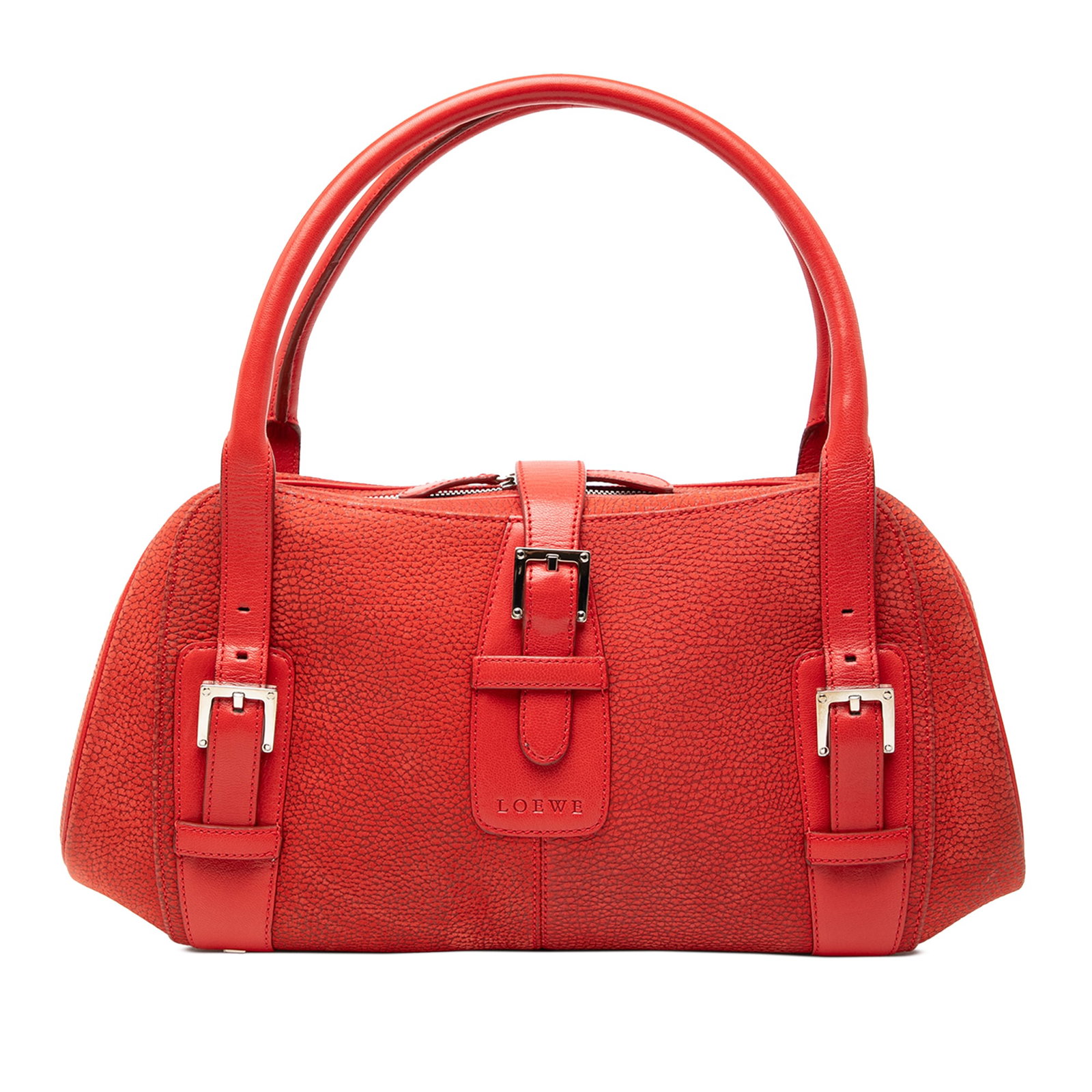 Red Nubuck Leather Senda Bag by LOEWE with Buckle Closure: Red Nubuck Leather Senda Bag by LOEWE with Buckle Closure This handbag features a nubuck leather body in red, rolled leather handles, a top zipper with an additional top strap and buckle closure, and 