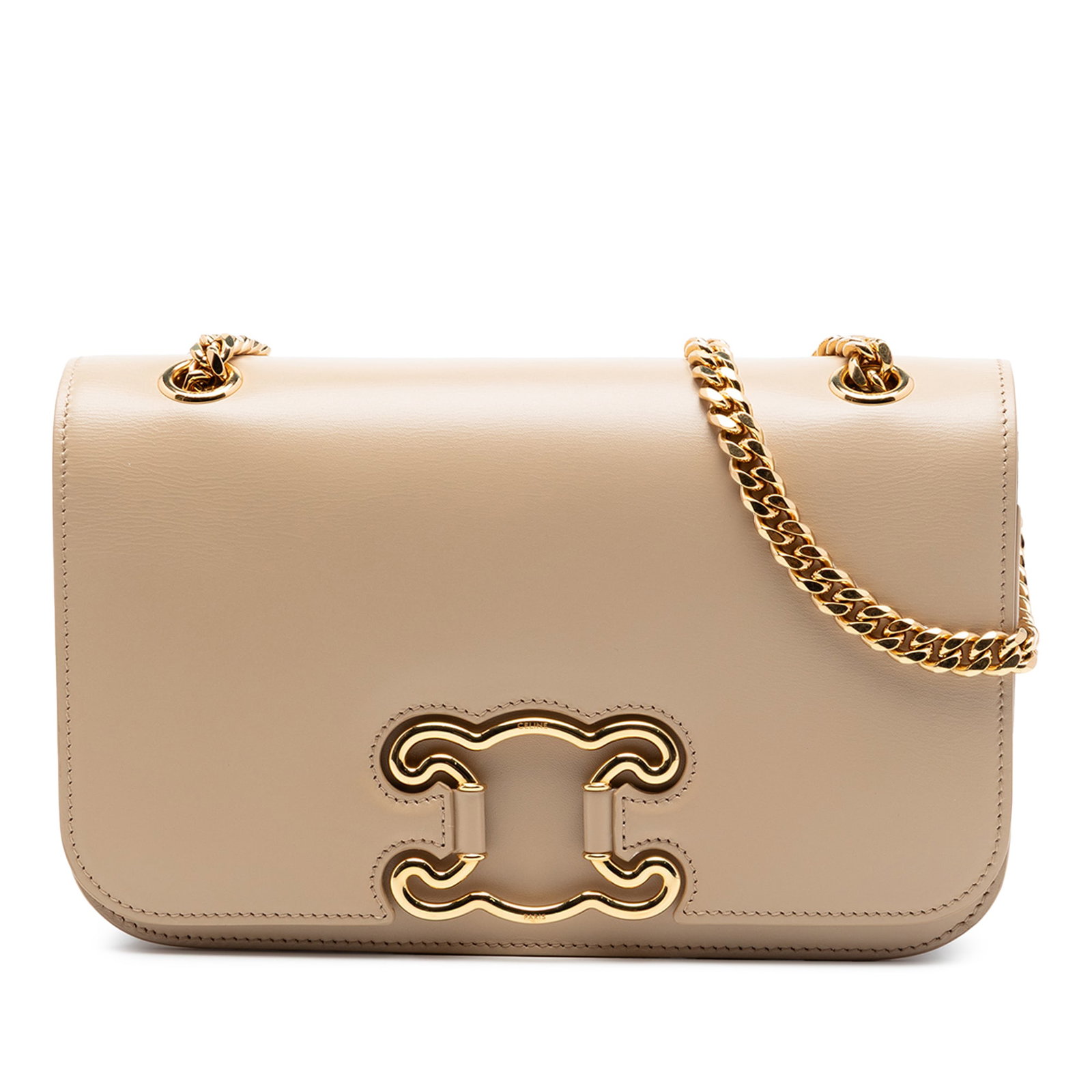 Celine Triomphe Frame Beige Calfskin Crossbody Bag: Celine Triomphe Frame Beige Calfskin Crossbody Bag This Celine Medium Calfskin Triomphe Frame Crossbody bag is crafted from beige calf leather and features a chain link strap with a leather shoulder g