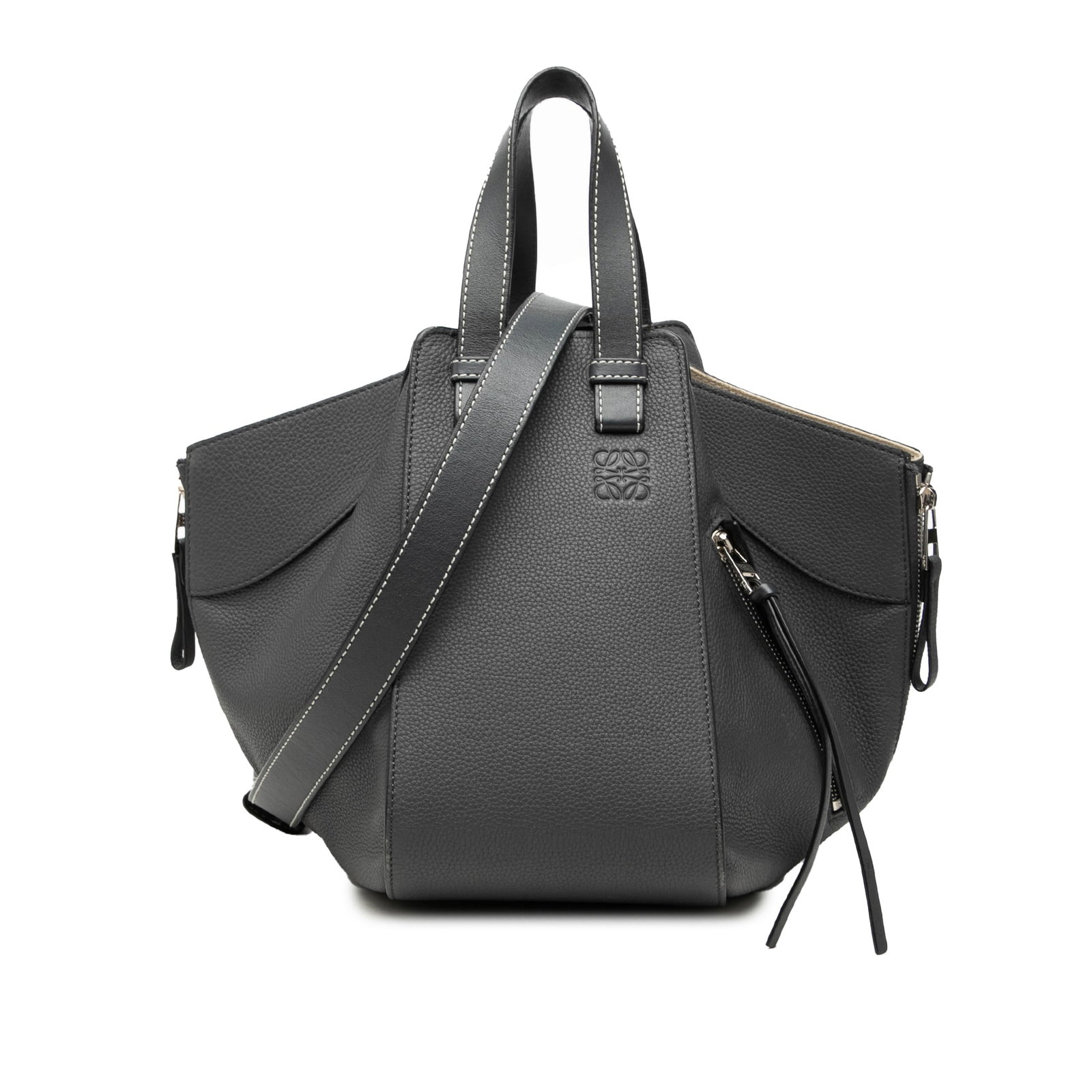 LOEWE Hammock Small Gray Leather Satchel Bag: LOEWE Hammock Small Gray Leather Satchel Bag LOEWE Small Hammock satchel crafted in gray leather with flat leather handles, a detachable and adjustable flat leather strap, and an open top. Includes a 