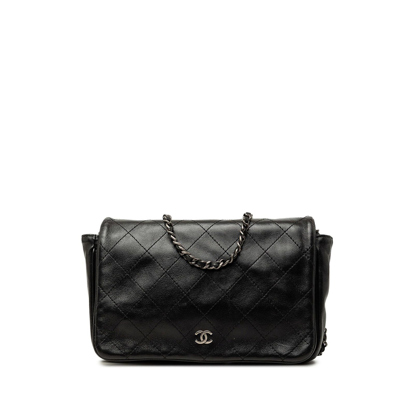 Chanel CC Full Flap Wallet on Chain Quilted Lambskin Black: Chanel CC Full Flap Wallet on Chain Quilted Lambskin Black Chanel CC Quilted Lambskin Full Flap Wallet on Chain in black quilted lambskin leather. This crossbody bag features a leather-woven chain str