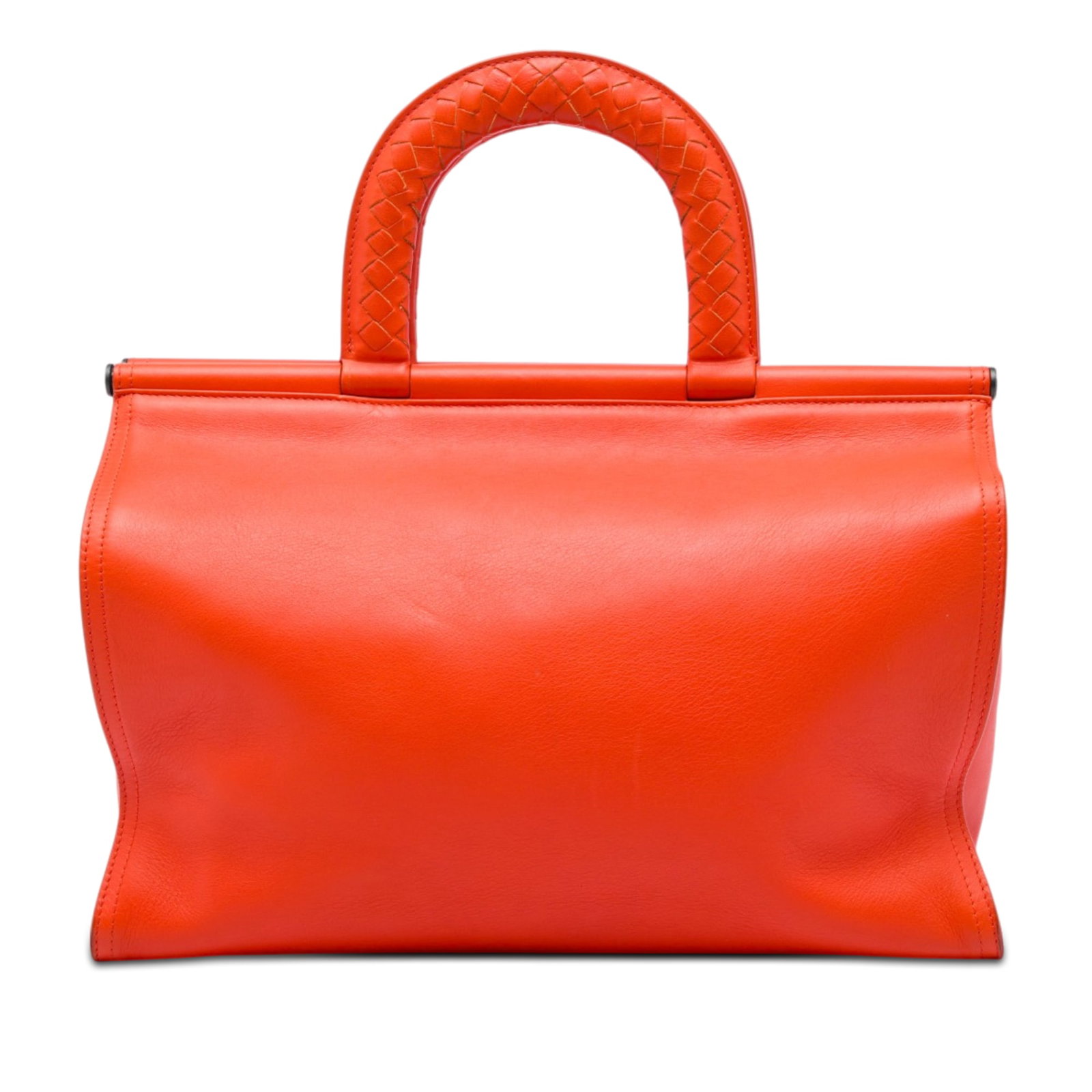 Orange leather handbag Bottega Veneta Intrecciato frame top handle: Orange leather handbag Bottega Veneta Intrecciato frame top handle Bottega Veneta leather Intrecciato frame top handle bag in orange. This handbag features a leather body, woven leather top handles, a