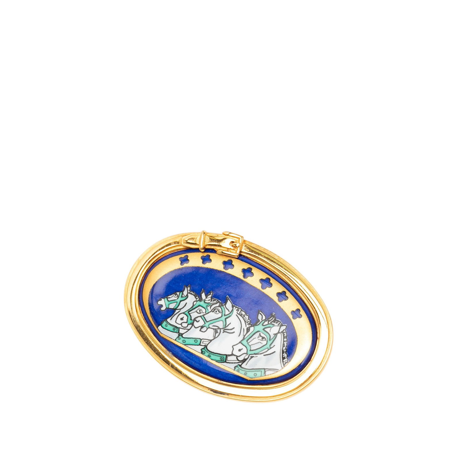 Hermes Chevaux Enamel Brooch Gold Plated Blue Pin: Hermes Chevaux Enamel Brooch Gold Plated Blue Pin Hermes Enamel Chevaux pin brooch crafted with an enamel and gold-plated metal body and finished with a back pin closure. This costume jewelry piece is
