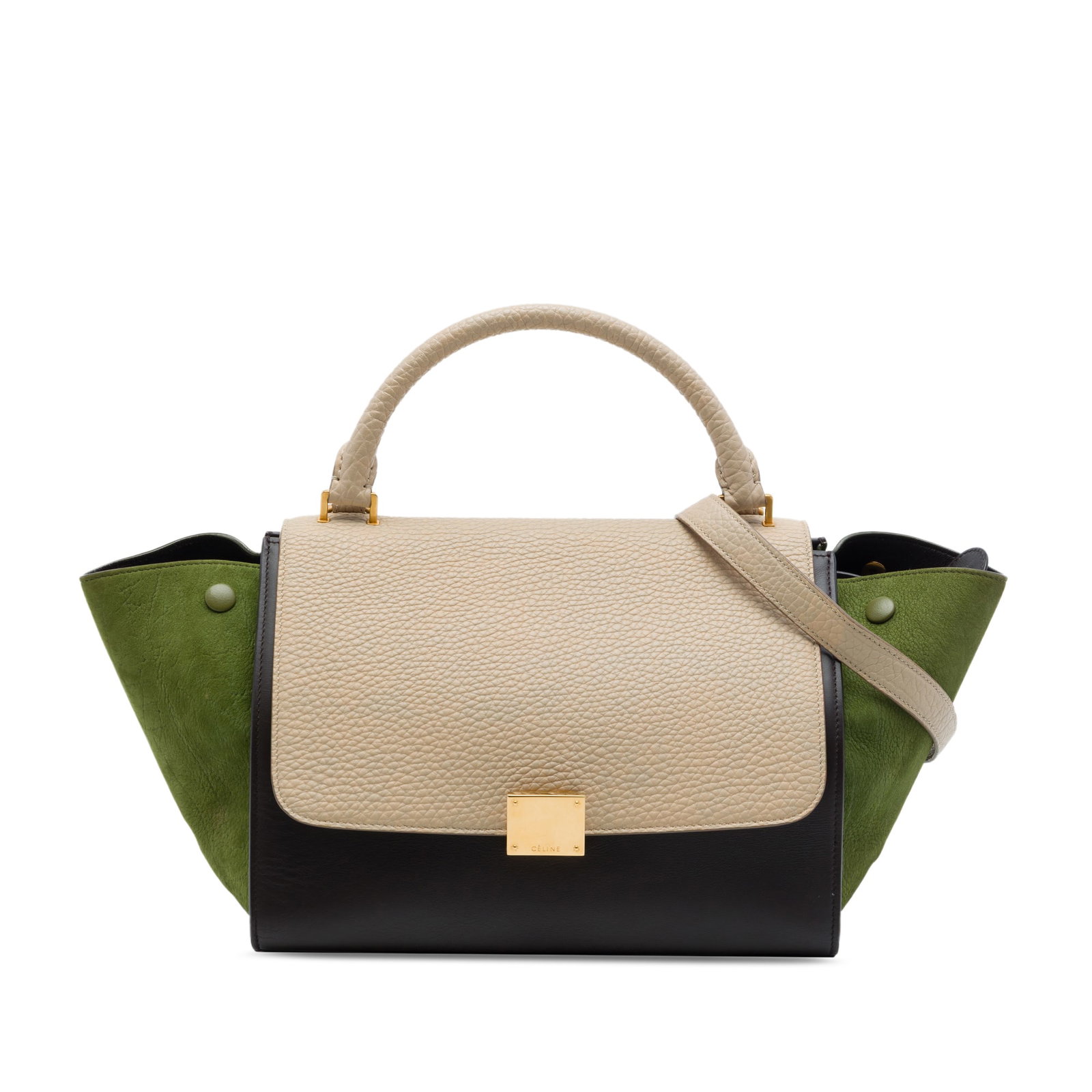 Celine Trapeze Small Satchel in Tricolor Calfskin and Suede: Celine Trapeze Small Satchel in Tricolor Calfskin and Suede Celine Small Tricolor Calfskin and Suede Trapeze Satchel crafted with a leather body and suede side panels. This satchel features a rolled t