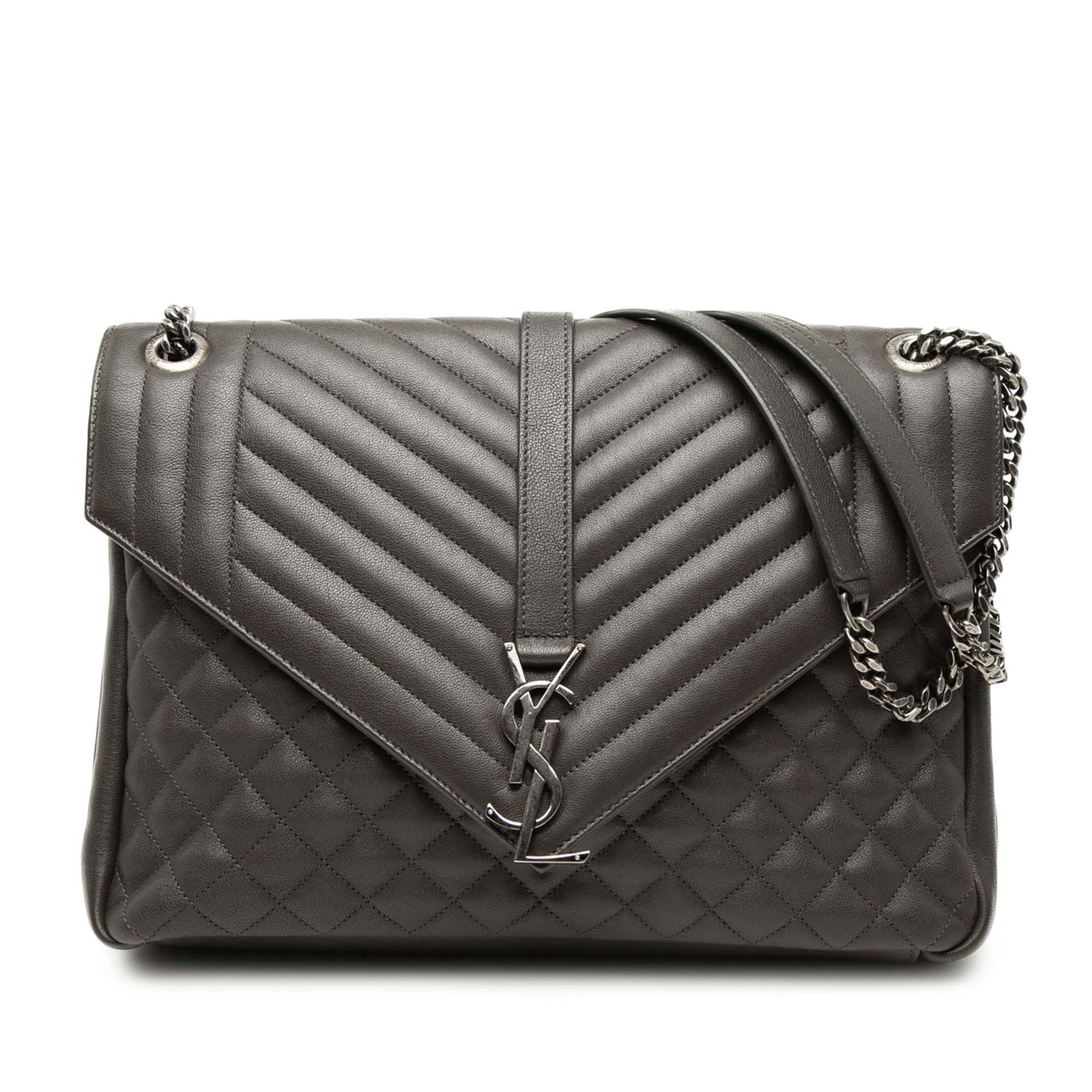 Saint Laurent College Shoulder Bag Large Gray Quilted Sheepskin: Saint Laurent College Shoulder Bag Large Gray Quilted Sheepskin Large Saint Laurent College bag in quilted sheepskin with the Monogram design. This bag features chain straps with a leather shoulder gu