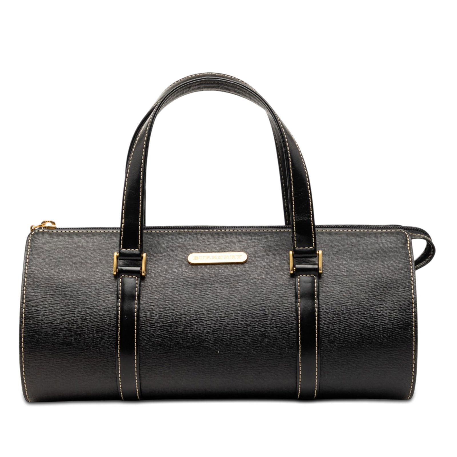 Burberry black leather zip top handbag made in Italy: Burberry black leather zip top handbag made in Italy Burberry leather handbag with a black leather body, flat leather handles, a top zip closure, and an interior slip pocket. Made in Italy. Condition 