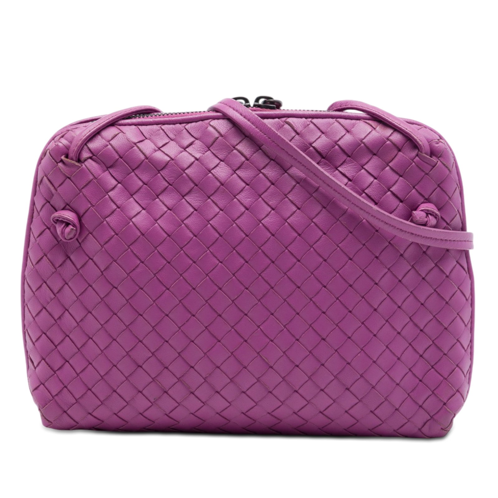 Bottega Veneta Nodini Intrecciato Nappa Leather Crossbody Bag Purple: Bottega Veneta Nodini Intrecciato Nappa Leather Crossbody Bag Purple Bottega Veneta Nodini crossbody bag crafted in purple woven leather with the brand's signature Intrecciato design. It features a fl