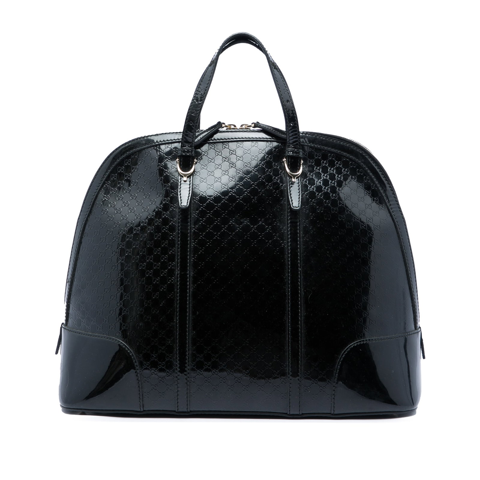 Gucci Nice Dome Top Handle Tote Large Microguccissima Patent Leather: Gucci Nice Dome Top Handle Tote Large Microguccissima Patent Leather Gucci Large Microguccissima Patent Nice Dome Top Handle Bag in black patent leather with leather trim. This tote features flat leat