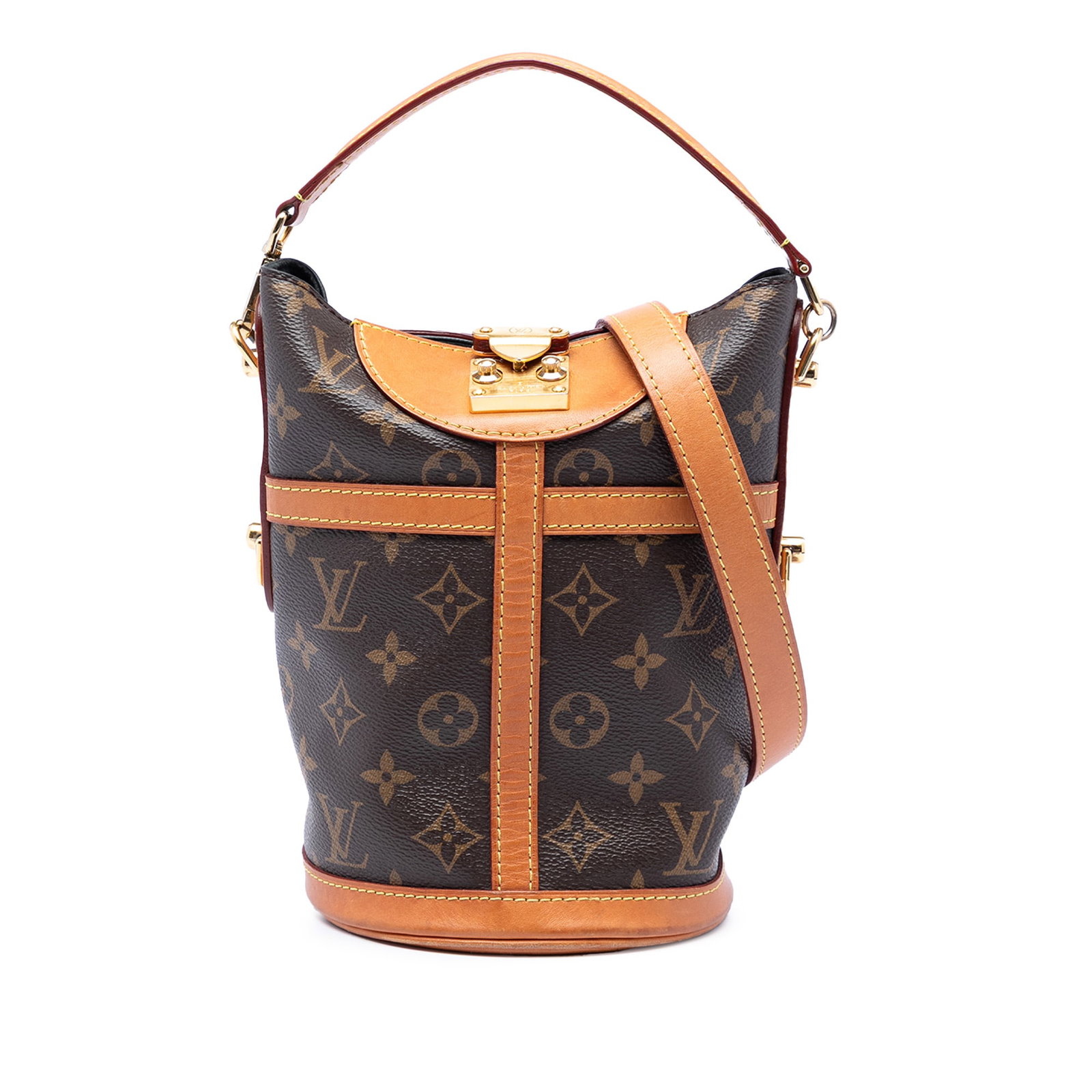 Louis Vuitton Duffle Bucket Bag Monogram Canvas Brown: Louis Vuitton Duffle Bucket Bag Monogram Canvas Brown Louis Vuitton Monogram Duffle Bucket Bag in brown monogram canvas with vachetta leather trim. It features a flat vachetta leather handle, a detach