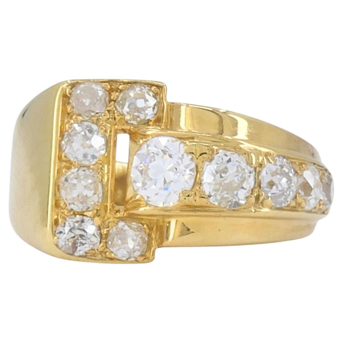 Granat 18k Yellow Gold Buckle Ring with Diamonds Mid Century: Granat 18k Yellow Gold Buckle Ring with Diamonds Mid Century Vintage 1950s buckle ring in 18k yellow gold with diamond accents. The ring is size 7.25 US and is resizable. It has a geometric buckle mot
