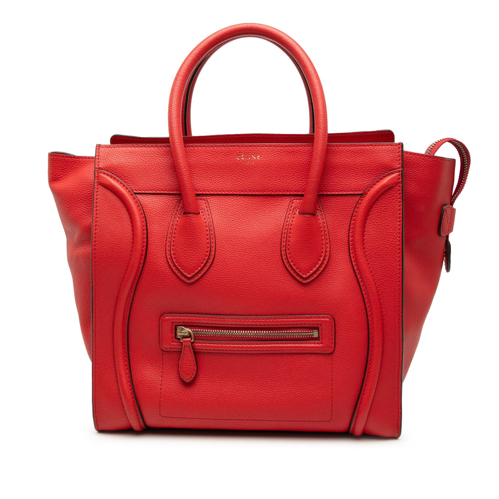 Celine Mini Luggage Tote Red Leather Handbag Italy: Celine Mini Luggage Tote Red Leather Handbag Italy This Celine Mini Calfskin Luggage Tote features a red leather body with rolled leather handles, a top zip closure, an exterior front zip pocket, and 
