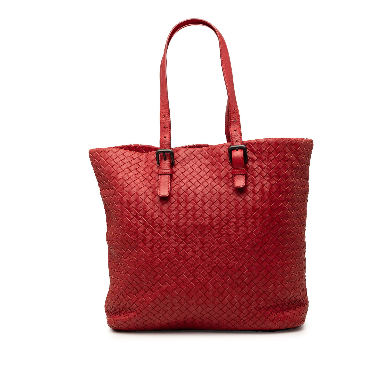 Red Leather Tote Bottega Veneta Nappa Intrecciato: Red Leather Tote Bottega Veneta Nappa Intrecciato Bottega Veneta Nappa Intrecciato Tote in red leather, made in Italy. This tote features a woven leather body, adjustable flat leather handles, an open