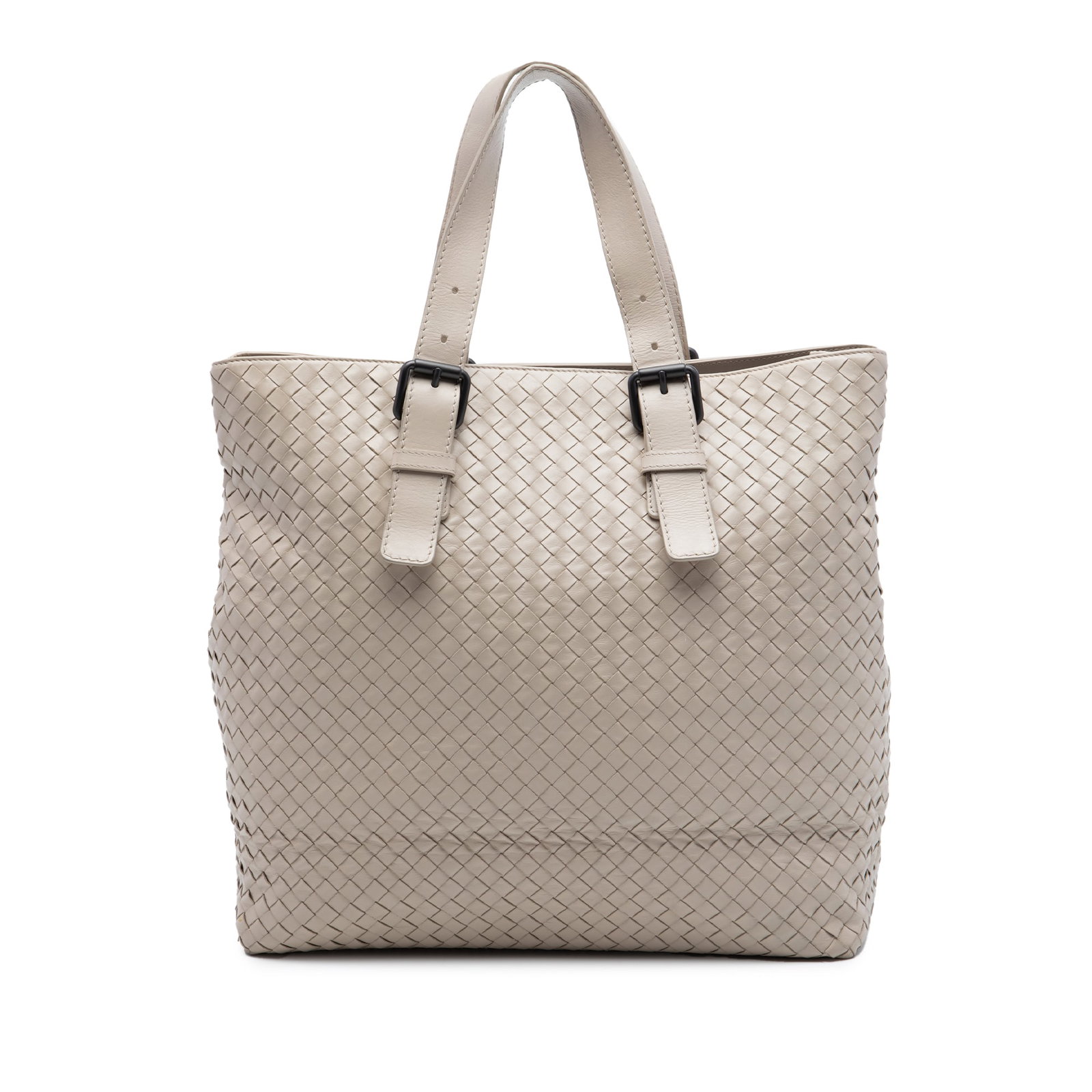 Beige Leather Tote Bottega Veneta Nappa Intrecciato Belted: Beige Leather Tote Bottega Veneta Nappa Intrecciato Belted A Bottega Veneta Nappa Intrecciato Belted Tote in beige leather, featuring a woven leather body, adjustable flat leather handles, an open top