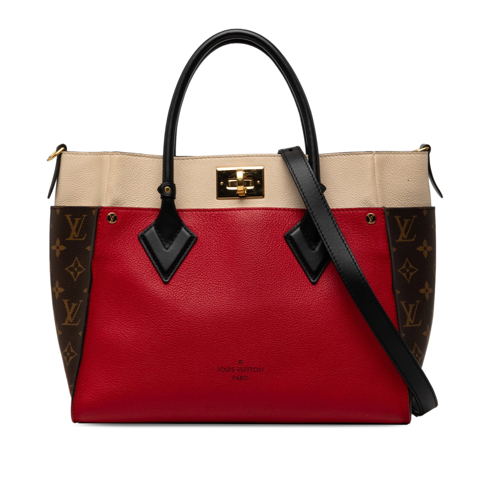 Louis Vuitton On My Side MM red leather monogram handbag: Louis Vuitton On My Side MM red leather monogram handbag Louis Vuitton On My Side MM handbag crafted with a leather body and monogram canvas side panels. The design features rolled leather handles, a 