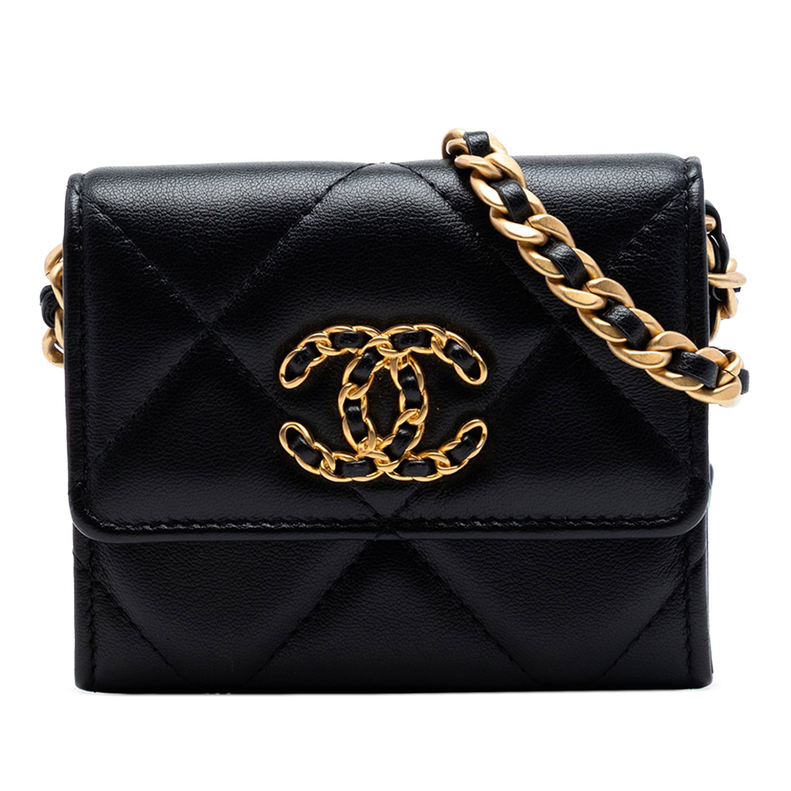 Chanel 19 Flap Coin Purse With Chain Quilted Lambskin Black: Chanel 19 Flap Coin Purse With Chain Quilted Lambskin Black Chanel Quilted Lambskin 19 Flap Coin Purse With Chain in black quilted lambskin leather. This crossbody style features a leather-woven chain