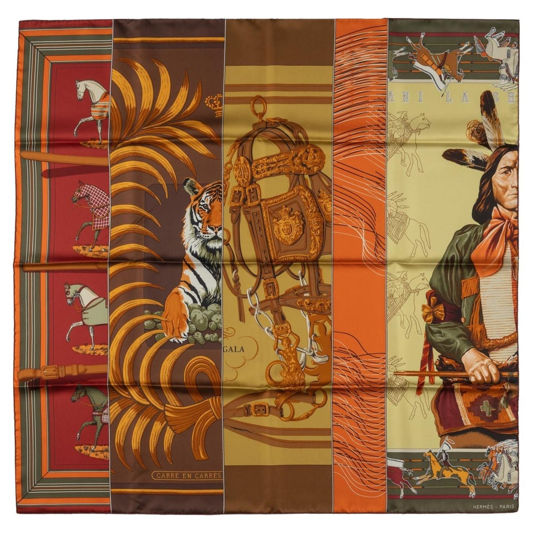 Hermes silk scarf Carre en Carres first edition with original box: Hermes silk scarf Carre en Carres first edition with original box This rare Hermes "Carre en Carres" silk scarf features a striking patchwork motif with multiple prints and rolled edges. Designed by B