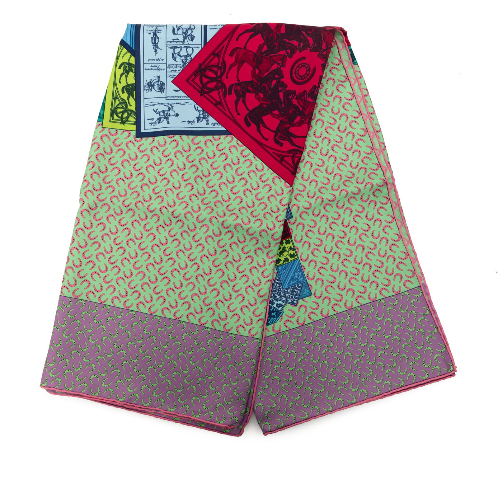 Hermes A Cheval Sur Mon Carre green silk scarf: Hermes A Cheval Sur Mon Carre green silk scarf Hermes A Cheval Sur Mon Carre silk scarf in green with printed silk construction. Made in France. Condition is AB, with noted exterior back cut stitching