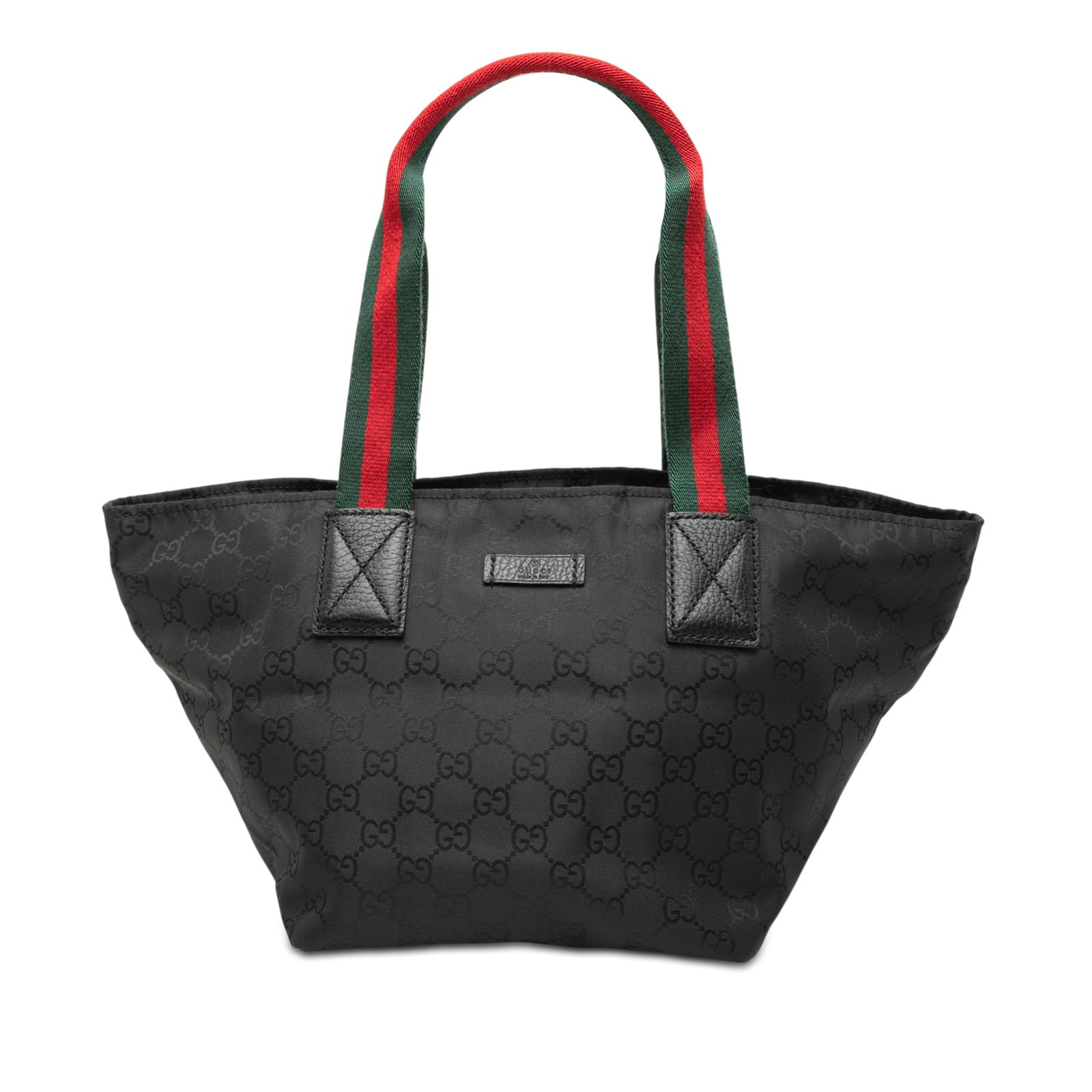 Gucci Black GG Nylon Web Tote Bag with Canvas Straps: Gucci Black GG Nylon Web Tote Bag with Canvas Straps This Gucci GG Nylon Web Tote features a durable nylon body with flat canvas straps and a top zip closure. The interior is designed with both zip an