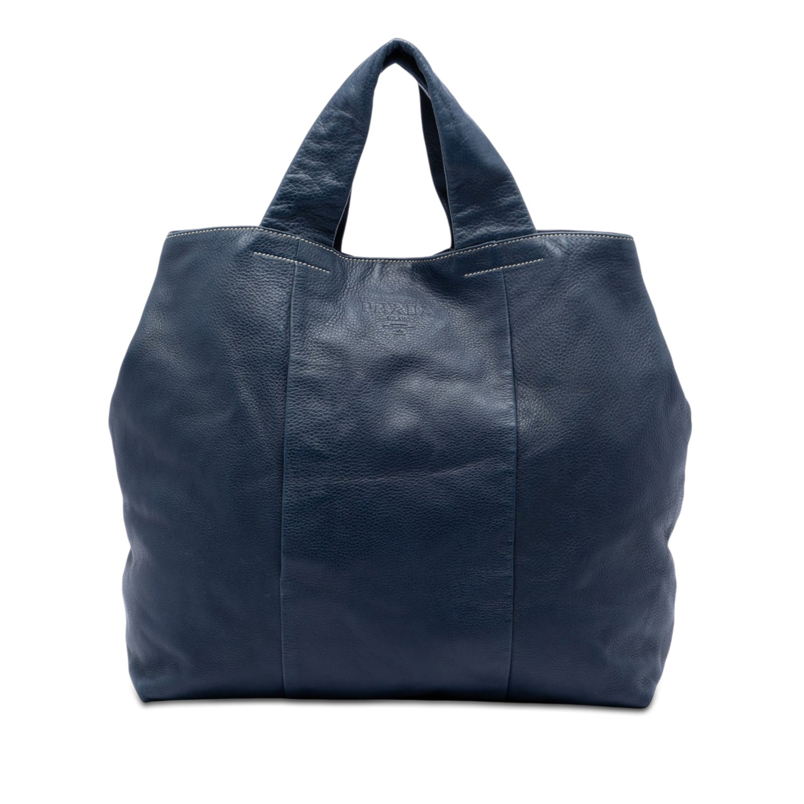Prada Vitello Daino Blue Leather Shopper Tote Bag: Prada Vitello Daino Blue Leather Shopper Tote Bag Prada Vitello Daino Shopper Tote in blue leather with flat leather handles, an open top with side snap button closures, and an interior zip pocket. Ma