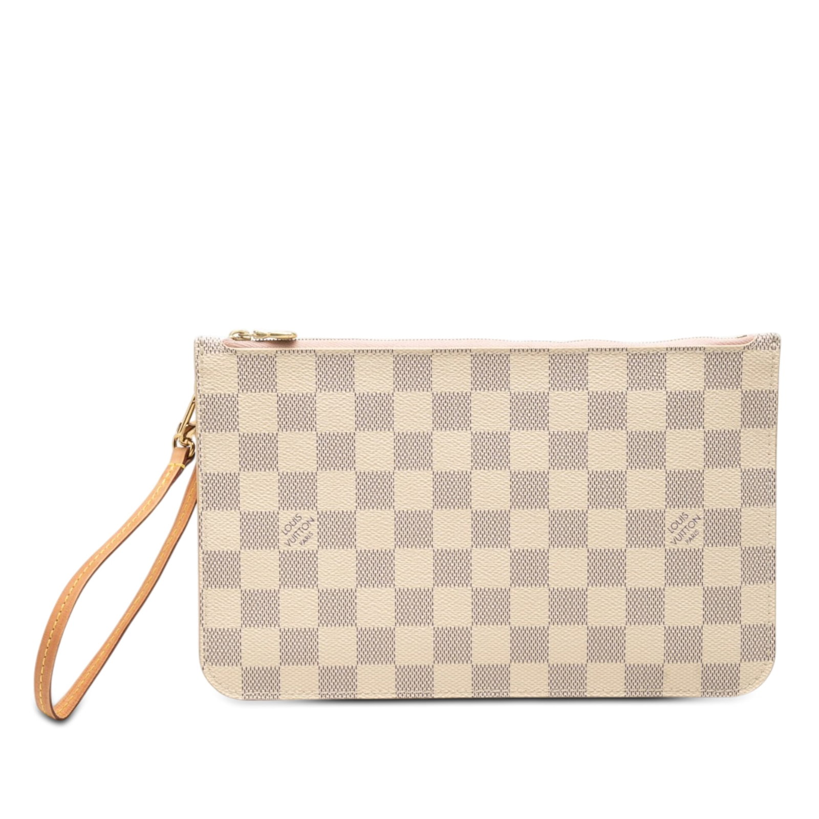 Louis Vuitton Neverfull MM wristlet pouch in Damier Azur canvas: Louis Vuitton Neverfull MM wristlet pouch in Damier Azur canvas Louis Vuitton Neverfull Pouch MM in Damier Azur canvas with a flat vachetta leather wrist strap, top zip closure, and an interior slip p