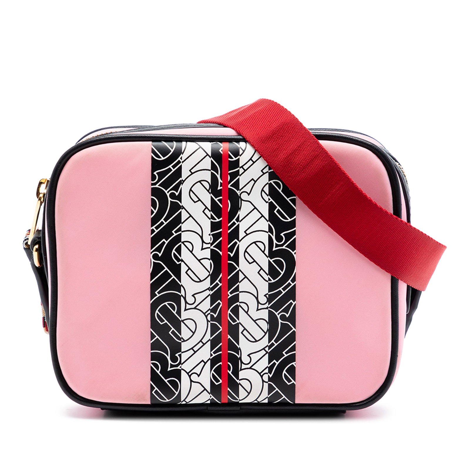 Burberry TB Monogram Kids Camera Crossbody Bag in Pink Nylon: Burberry TB Monogram Kids Camera Crossbody Bag in Pink Nylon Burberry TB Monogram Nylon Stripe Kids Camera Bag in pink with a printed nylon body and leather trim. This crossbody bag features an adjust