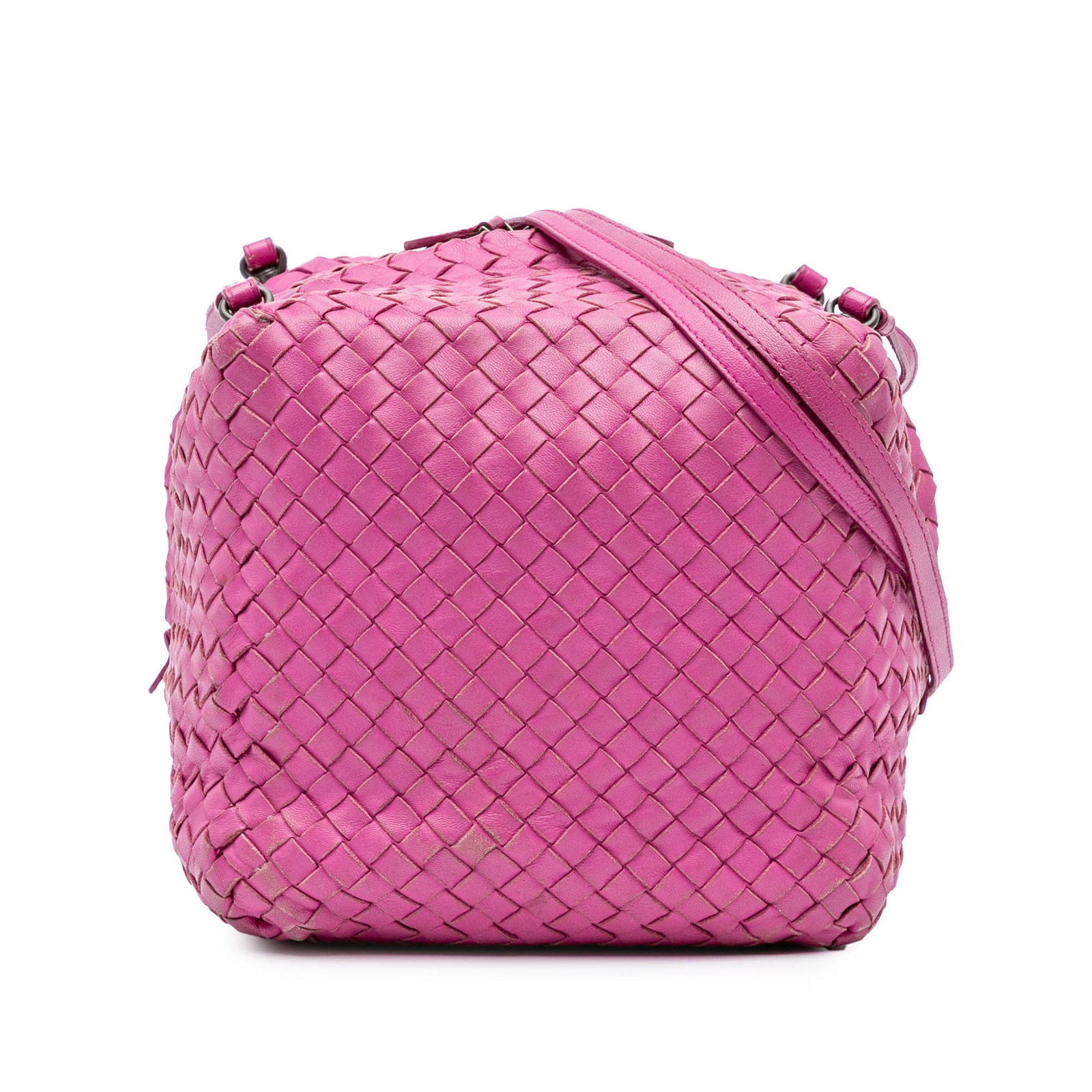 Bottega Veneta Nappa Intrecciato Cube Crossbody Bag Pink Leather: Bottega Veneta Nappa Intrecciato Cube Crossbody Bag Pink Leather This Bottega Veneta Nappa Intrecciato Cube Crossbody bag showcases exquisite craftsmanship with its woven nappa leather construction. I