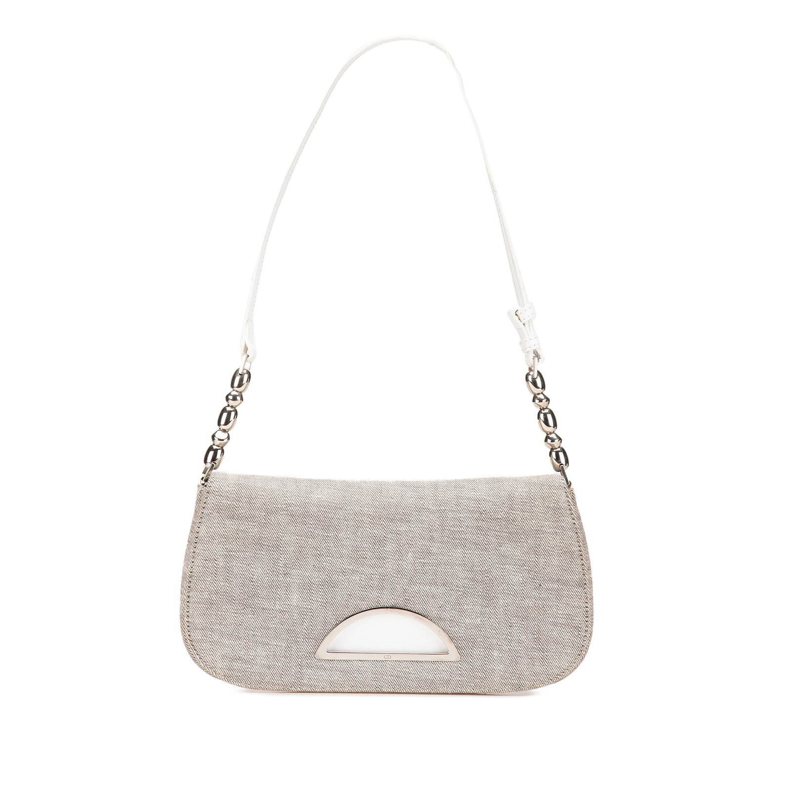 Dior Malice denim shoulder bag with leather trim gray: Dior Malice denim shoulder bag with leather trim gray Dior Denim Malice flap shoulder bag with a denim body, leather trim, a flat leather strap, and a front flap with magnetic closure. The interior in