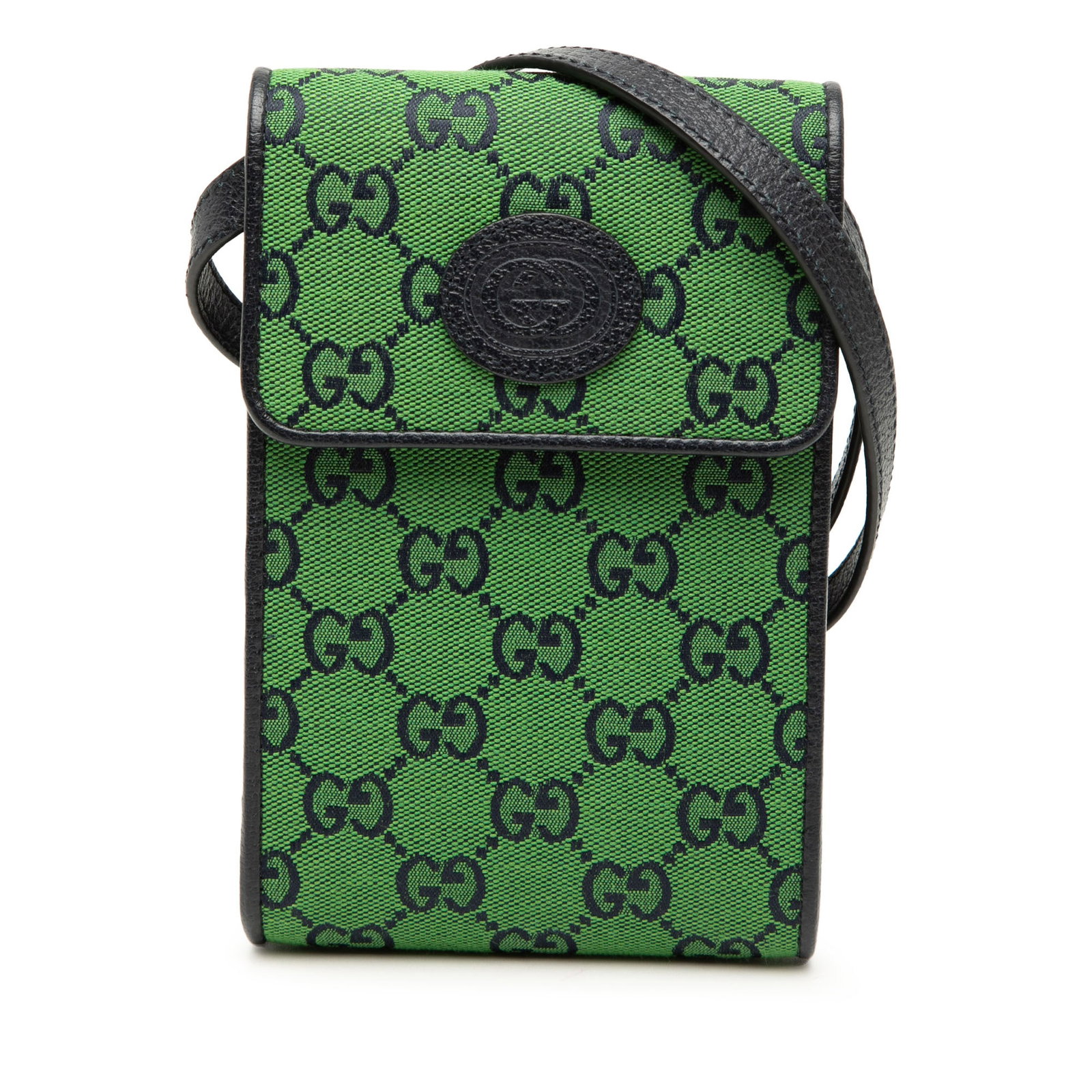 Gucci GG Canvas Crossbody Phone Case Bag Green: Gucci GG Canvas Crossbody Phone Case Bag Green Gucci GG Canvas Phone Case Crossbody in green with a canvas body, leather trim, and a flat leather strap. The design features a flap with magnetic snap c