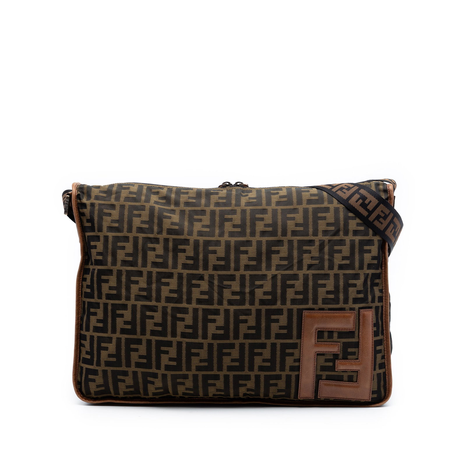 Fendi Zucca brown canvas crossbody bag with leather trim: Fendi Zucca brown canvas crossbody bag with leather trim Fendi Zucca canvas crossbody bag with leather trim and an adjustable flat strap. The bag features a two-way top zip closure and an interior zip