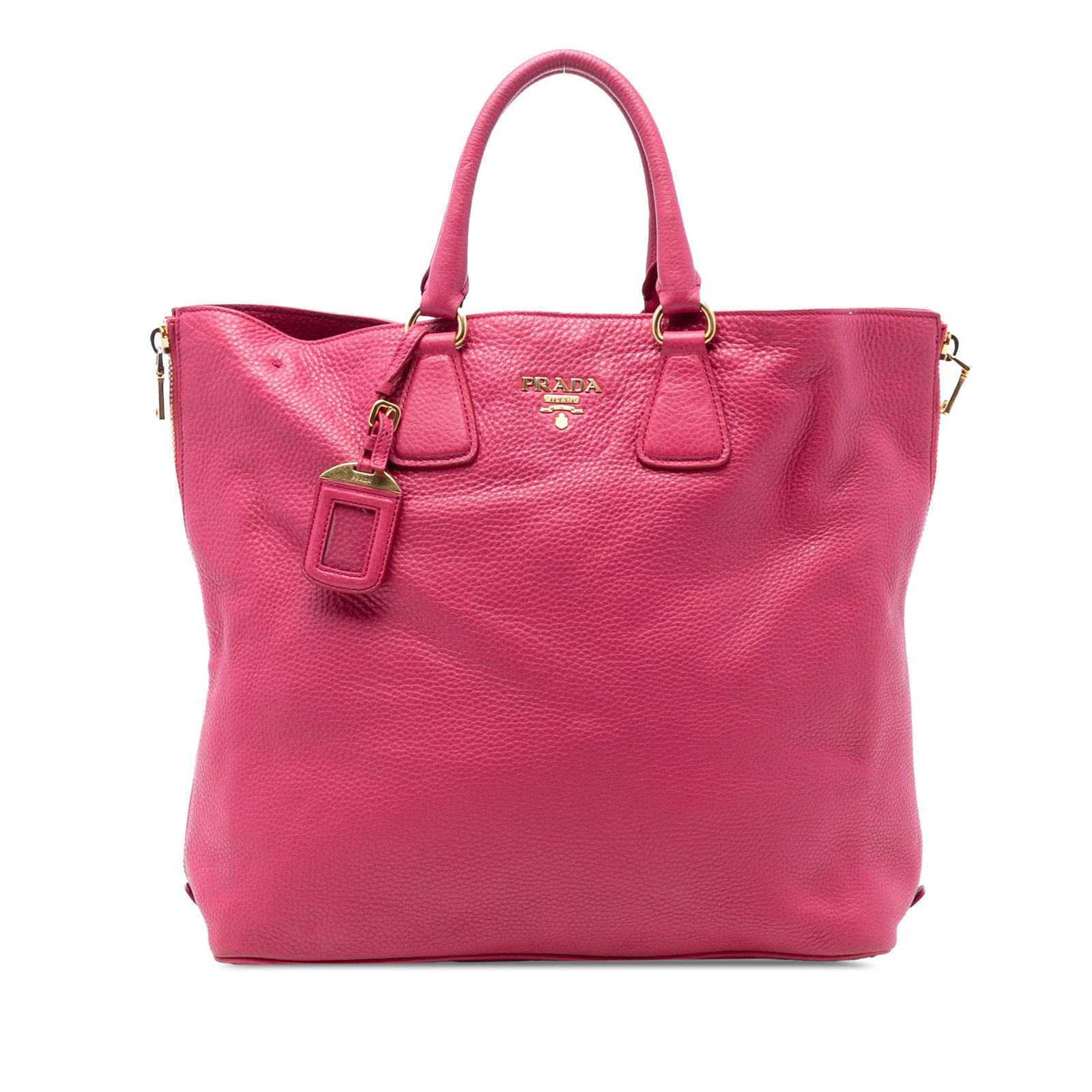 Prada Vitello Daino Pink Leather Tote with Side Zip Expansions: Prada Vitello Daino Pink Leather Tote with Side Zip Expansions The Prada Vitello Daino Side Zip Open Convertible Tote is crafted from pink leather and features rolled leather handles, side zip expansi
