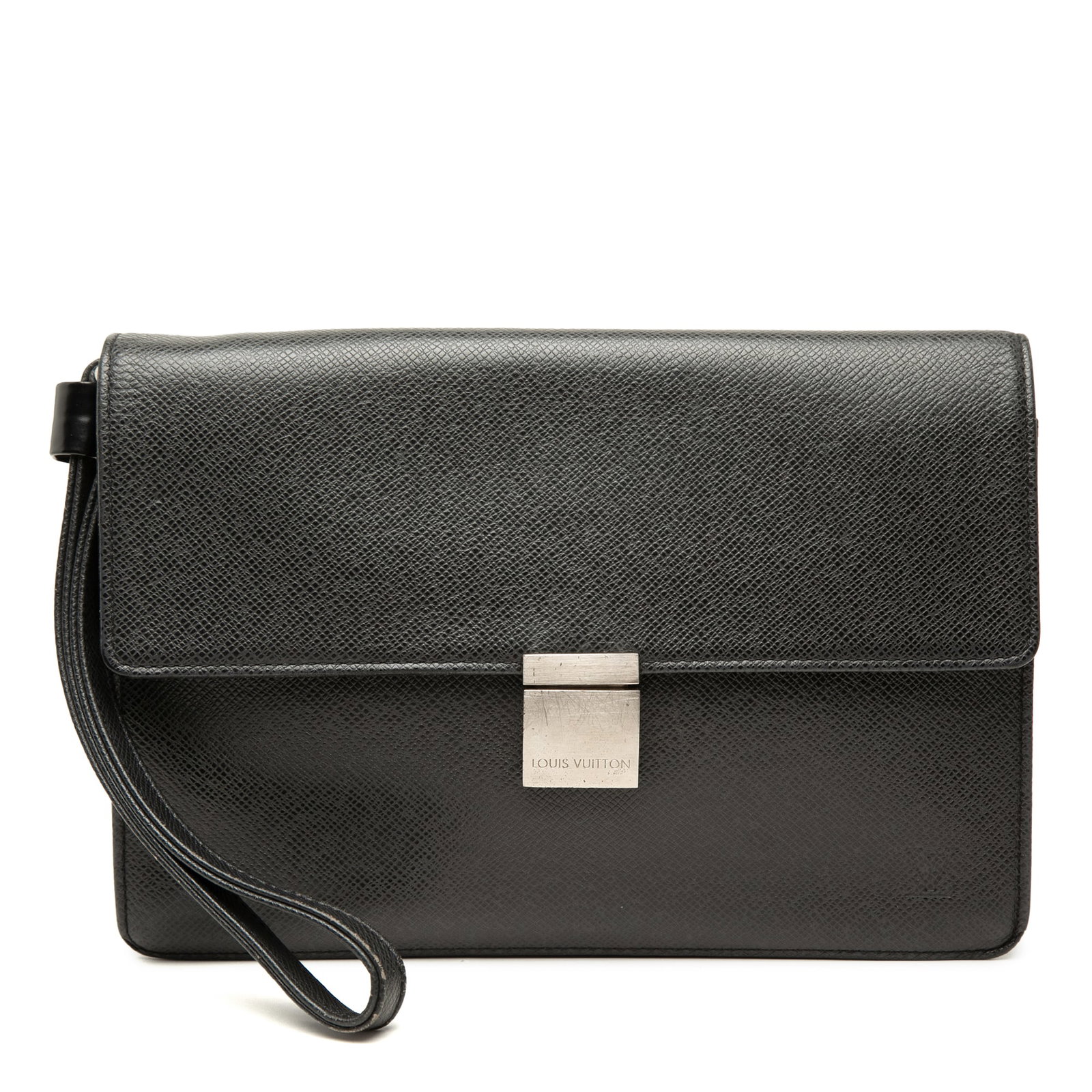 Louis Vuitton Taiga Selenga Black Leather Wristlet Bag: Louis Vuitton Taiga Selenga Black Leather Wristlet Bag Louis Vuitton Taiga Selenga wristlet-style bag crafted in black taiga leather. It features a flat leather wrist strap, a front flap with push-loc