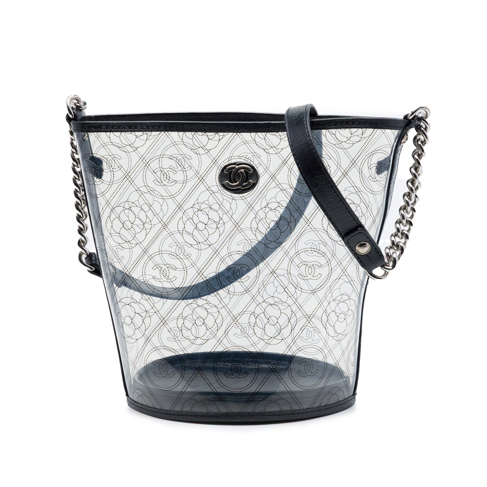 Chanel Camellia Coco Bucket Bag in PVC and Crumpled Calfskin: Chanel Camellia Coco Bucket Bag in PVC and Crumpled Calfskin Chanel Camellia Coco bucket bag crafted with a PVC body and crumpled calfskin leather trim. This medium bag features a curb chain link stra