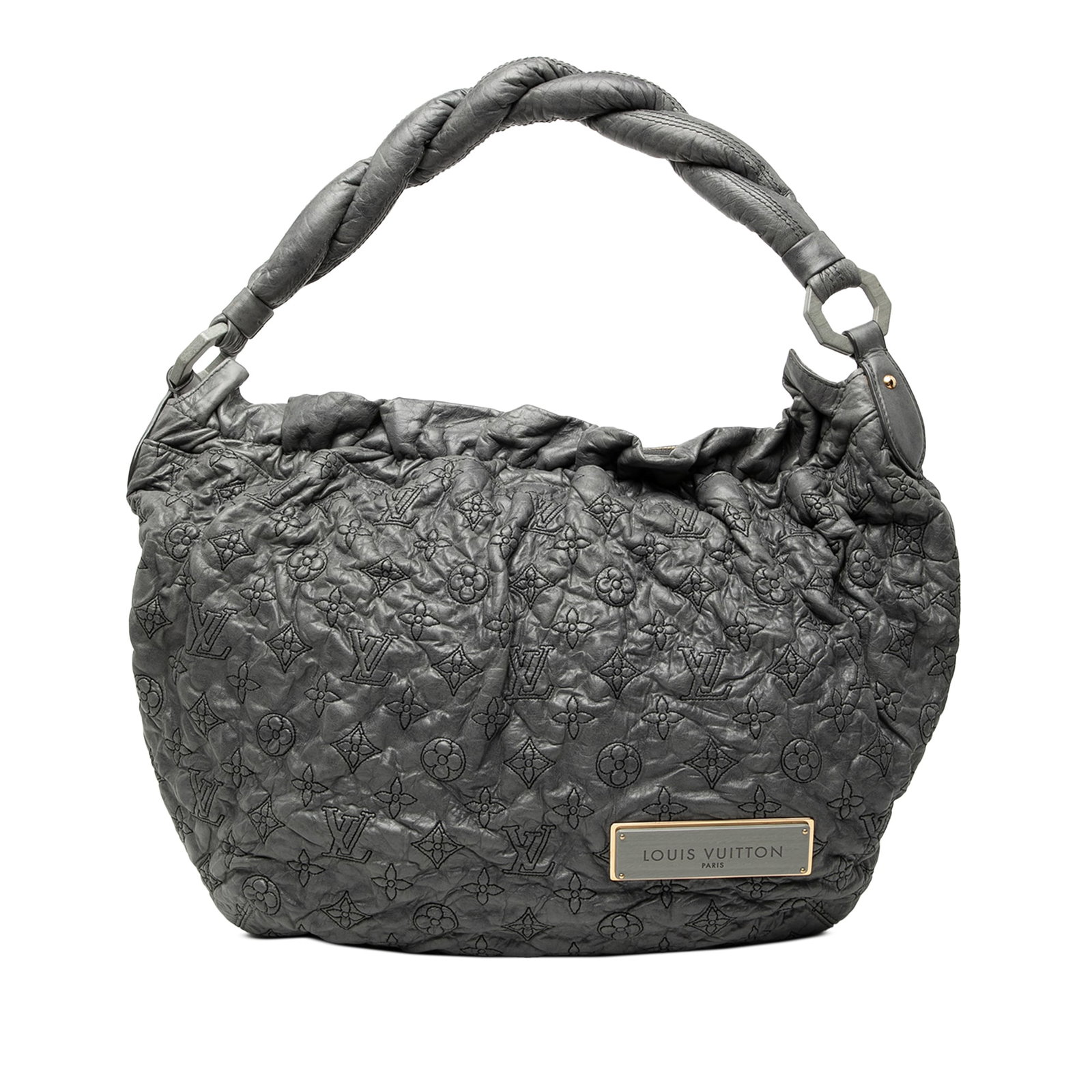 Louis Vuitton Olympe Nimbus GM gray leather tote: Louis Vuitton Olympe Nimbus GM gray leather tote The Louis Vuitton Monogram Olympe Nimbus GM is a spacious and stylish handbag crafted from leather in a gray color. It features a rolled leather handle
