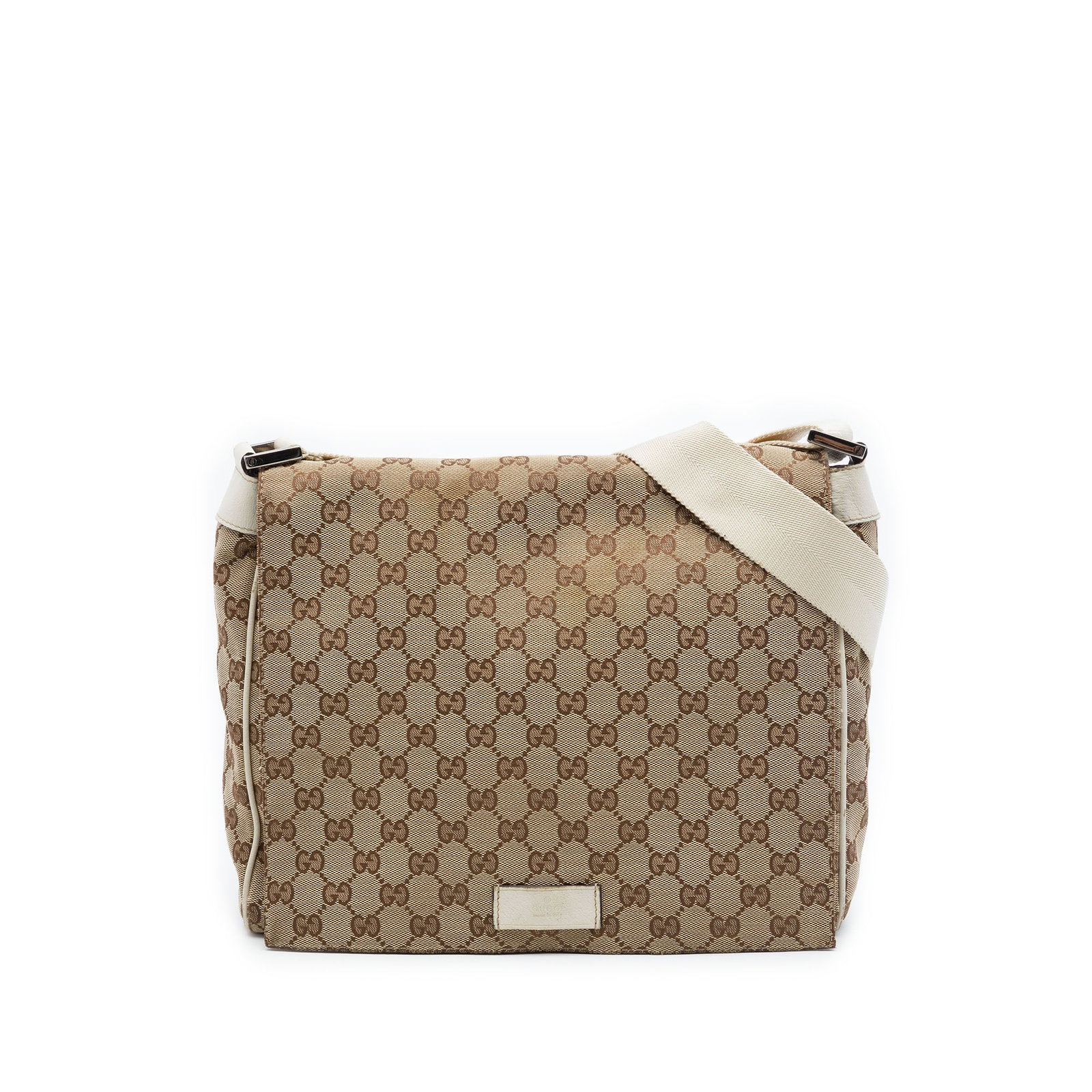 Gucci GG Canvas Flap Crossbody Bag Beige Leather Trim: Gucci GG Canvas Flap Crossbody Bag Beige Leather Trim Gucci GG Canvas Crossbody bag in beige, made in Italy. It features a canvas body with leather trim, an adjustable flat strap with leather shoulder