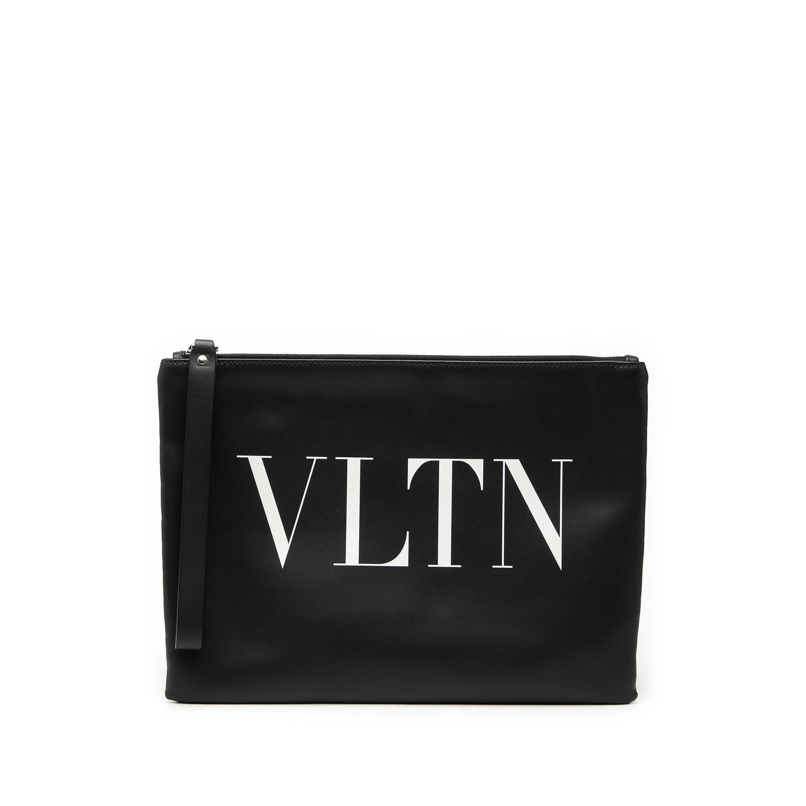 Valentino VLTN Leather Wristlet Clutch Bag Black: Valentino VLTN Leather Wristlet Clutch Bag Black Valentino VLTN clutch crafted in leather with a printed design, a flat wrist strap, top zip closure, and an interior zip pocket. Made in Italy. Conditi