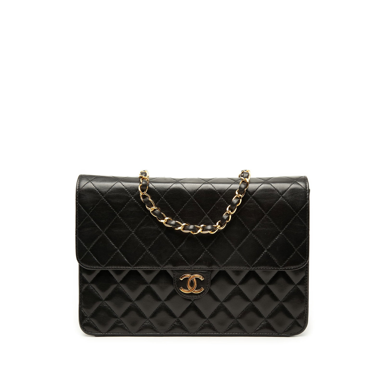 Chanel Medium CC Single Flap Shoulder Bag Quilted Lambskin Black: Chanel Medium CC Single Flap Shoulder Bag Quilted Lambskin Black This Chanel Medium CC Quilted Lambskin Single Flap shoulder bag is crafted in black quilted lambskin leather with a leather-woven chain