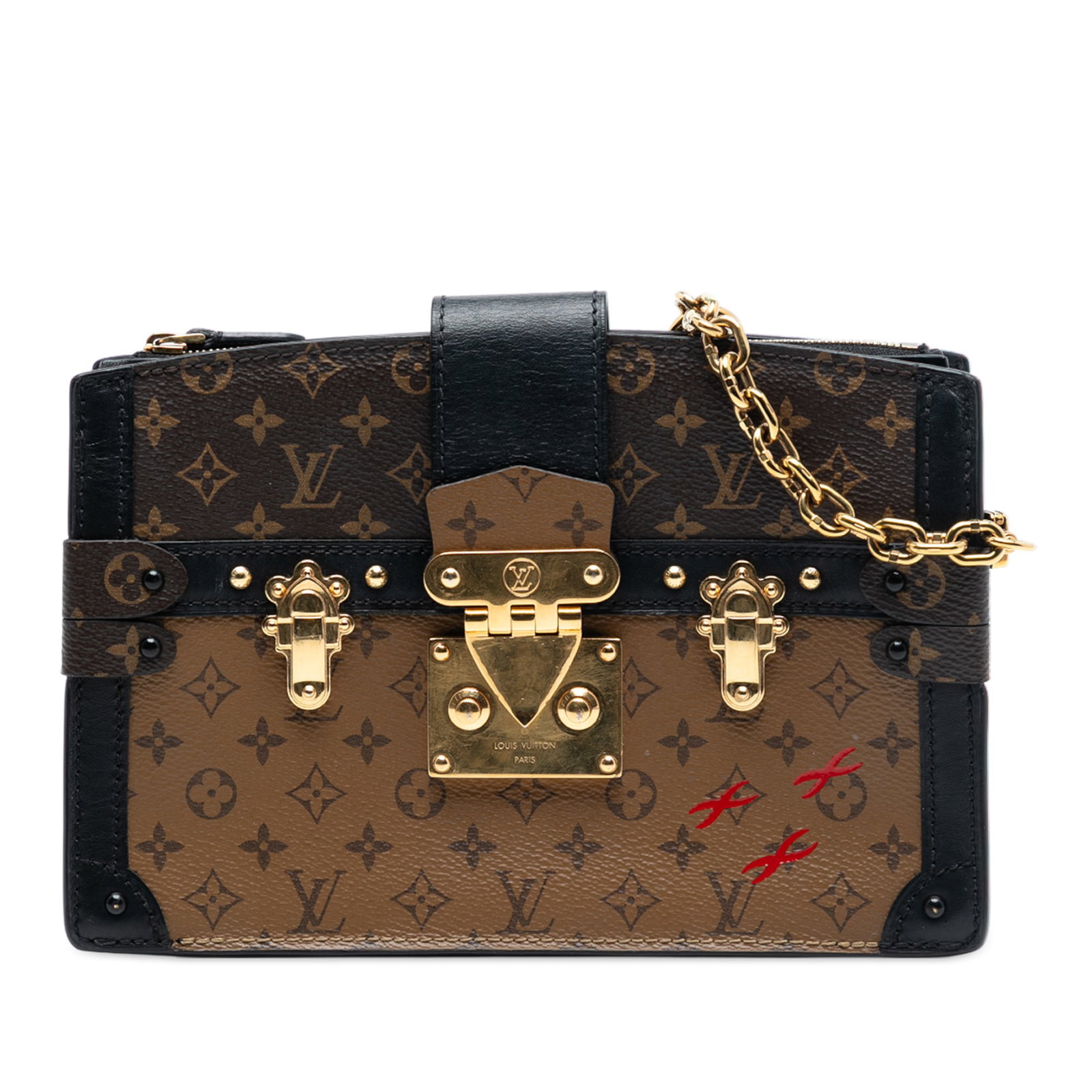 Monogram Reverse Trunk Clutch Bag by Louis Vuitton with Leather Trim: Monogram Reverse Trunk Clutch Bag by Louis Vuitton with Leather Trim This Louis Vuitton Monogram Reverse Trunk Clutch features a monogram reverse and monogram canvas body with leather trim. The design