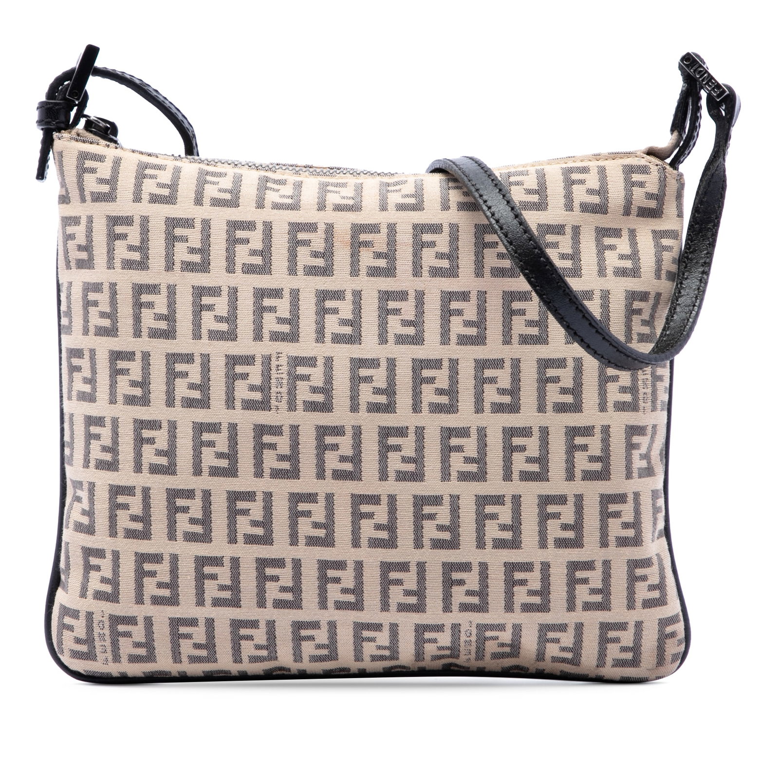Fendi Zucchino Crossbody Bag in Beige Canvas: Fendi Zucchino Crossbody Bag in Beige Canvas Fendi Zucchino canvas crossbody bag with leather trim and a flat leather strap. The bag features a top zip closure and an interior slip pocket. Condition i