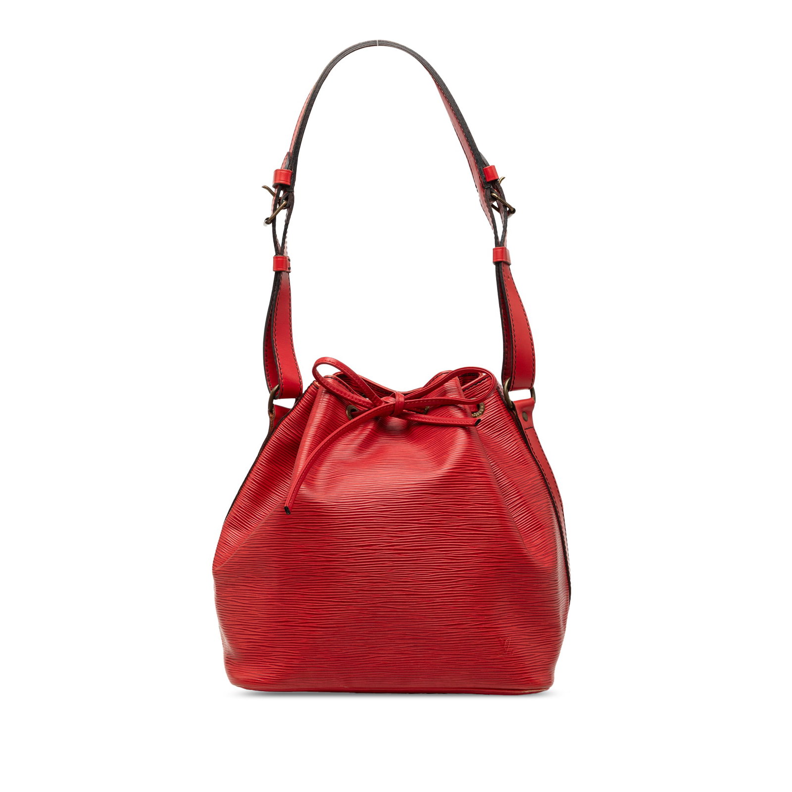 Louis Vuitton Petit Noe red Epi leather shoulder bag: Louis Vuitton Petit Noe red Epi leather shoulder bag Louis Vuitton Epi Petit Noe in red leather with a drawstring top, flat shoulder straps, and an interior zip pocket. Made in France. Condition is B+