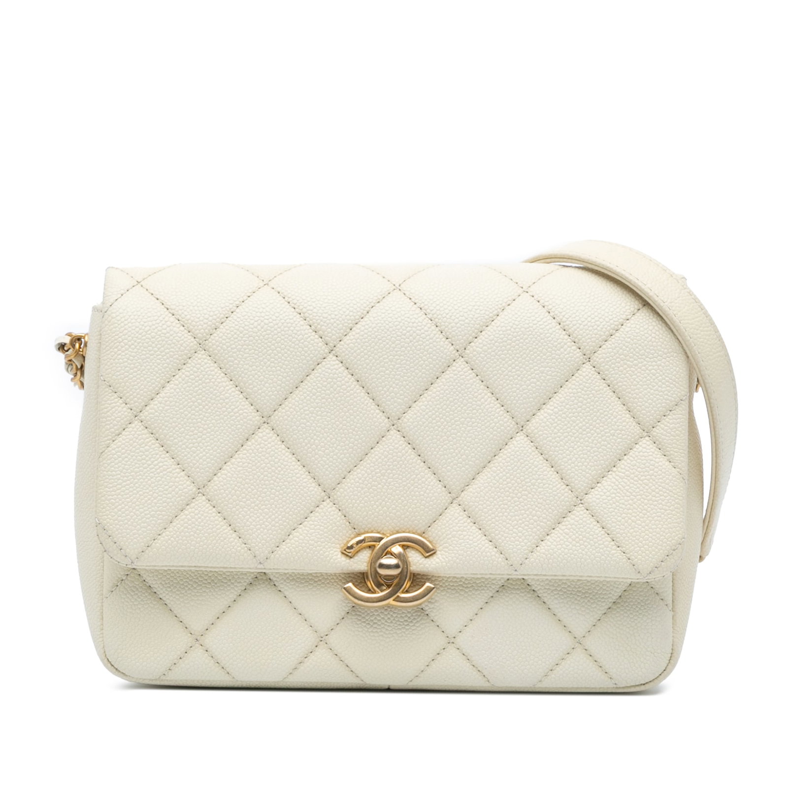 Chanel Small Quilted Caviar Chain Melody Flap White Bag: Chanel Small Quilted Caviar Chain Melody Flap White Bag Elevate your accessory collection with this Chanel Small Quilted Caviar Chain Melody Flap shoulder bag. Crafted from luxurious caviar leather, t
