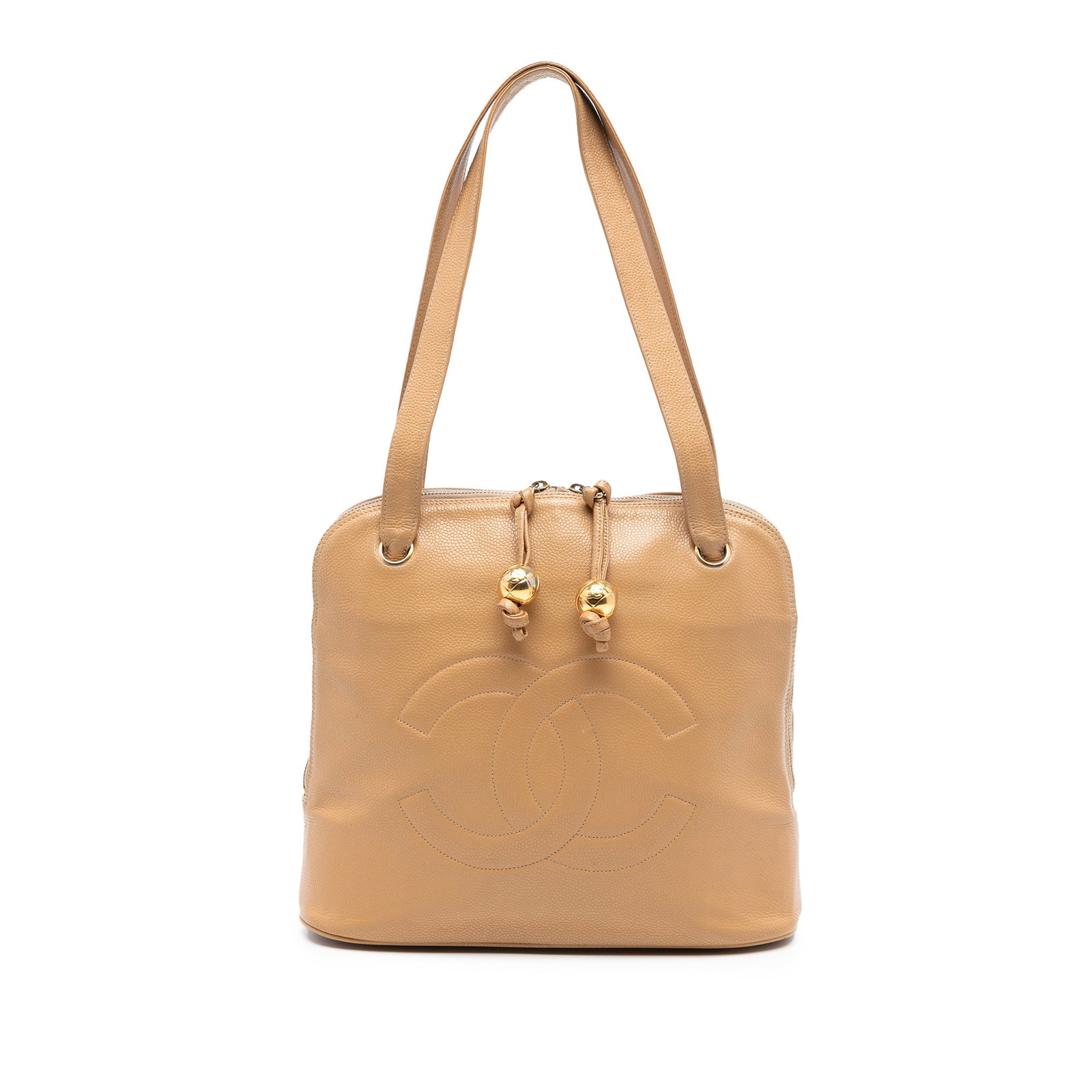 Chanel Caviar Leather Shoulder Bag with Dual Zip and CC Ball Accents: Chanel Caviar Leather Shoulder Bag with Dual Zip and CC Ball Accents This Chanel CC Caviar Two Way Zip Shoulder Bag is crafted from durable caviar leather in brown and features flat leather shoulder s